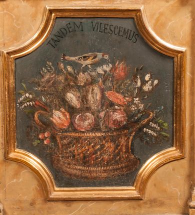 Zdjęcie nr 3: Para przyściennych stalli ustawionych po obu stronach prezbiterium w Niepołomicach uzyskała formę architektoniczną z wysokimi zapleckami i obudowanymi klęcznikami ustawionymi z przodu. Każda z nich otrzymała pięć siedzisk. Wejście do każdej znajduje się z boku i na środku. Przy wejściach z boku na przedpiersiu ustawiono cebulaste sterczyny na prostopadłościennych cokolikach. Zaplecki artykułowano za pomocą pilastrów o kompozytowych kapitelach dźwigających niepełne belkowanie z wydatnym gzymsem, wyłamane na ich osiach. Całość została zwieńczona pięcioma dekoracyjnymi wazami płomienistymi ustawionymi na prostopadłościennych cokolikach. W polach pomiędzy pilastrami umieszczono cztery profilowane, złocone ramy o rożnym kształcie (owalnym, czworobocznym, półkolistym i wielobocznym) z pojedynczymi przedstawieniami  świętych. W stalli południowej od lewej wyobrażono: św. Jana Kantego, Marcina Baryczkę, Świętosława Milczącego, św. Feliksa z Noli. Z kolei w stalli północnej od prawej ukazano: św. Filipa Nereusza, św. Jana Nepomucena, św. Walentego i św. Faustyna z Bresci. Świętych identyfikują czarne, majuskułowe podpisy, których kształt liter sugeruje, że zostały wprowadzone w pierwszej połowie XIX wieku. Poniżej każdego wizerunku na cokołach zaplecków w płycinach wyznaczonych prostokątnymi, złoconymi i profilowanymi ramkami znalazły się łacińskie sentencje. Także lica przedpiersi zostały artykułowane pilastrami na cokołach, jednakże bez dekoracyjnych głowic. Pomiędzy nimi w czworobocznych, profilowanych i złoconych ramach o wklęsłych narożach wyobrażono bukiety kwiatów. Kwiaty ukazano naprzemiennie w płaskich koszach lub wazach na niebieskim tle. Na niektórych bukietach widoczne są siedzące ptaki. Ponad bukietami znalazły się pisane czarnymi literami łacińskie sentencje. Elementy architektoniczne zostały pokryte marmuryzcją, a ramy i detale zdobnicze pozłocono. Na stalli na ścianie północnej ponad kapitelem skrajnego pilastra od zachodu widnieje data ich wykonania: A(NNO) D(OMINI) 1766. Z kolei na stalli na ścianie południowej, ponad kapitelem skrajnego pilastra od zachodu widnieją zapewne inicjały fundatora: X(IĄDZ). / TCD. W / P(LEBANUS) N(IEPOLOMICENSIS).