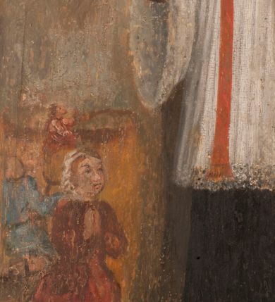 Zdjęcie nr 5: Kompozycja obrazu została zamknięta złoconą, profilowaną ramą zamkniętą półkoliście o uskokowo wyciętych narożach u dołu. W centrum obrazu przedstawiono św. Walentego we wnętrzu otwierającym się z lewej strony na wolną przestrzeń. Święty został ukazany frontalnie w całej postaci. W lewej, zgiętej w łokciu ręce trzyma przy piersi pionowo ustawioną księgę w ciemnych okładkach, spiętych dwiema klamrami. Prawą natomiast udziela błogosławieństwa ludziom widocznym z lewej strony kompozycji. Jego głowa otoczona świetlistym nimbem nieznacznie została ujęta w trzech czwartych w prawo. Jest to młody, szczupły mężczyzna o jasnej karnacji i takich samych krótkich włosach z wyraźnie zaznaczoną grzywką. Ma pociągłą twarz pozbawioną zarostu. Charakteryzuje ją wysokie czoło, drobny nos i usta. Święty ubrany jest w czarną sutannę z koloratką w formie kołnierzyka, sięgającą kolan białą komżę związaną pod szyją o szerokich rękawach, obszytą koronką oraz czerwoną stułę. U stóp świętego, na brązowej posadzce leży miecz ze złotą rękojeścią. Po lewej stronie kompozycji na tle błękitnego, zamglonego nieba ukazano nieznacznie oddalone od sienie trzy klęczące postacie chorych. Są oni ubrani w barwne stroje. Z modlitewnie złożonymi rękami zwracają się w stronę świętego. Na pierwszym planie jest to młoda dziewczyna w czerwonej sukni i białej chustce na głowie. U jej kolan leży drewniana kula. Podobna kula widoczna jest w rękach postaci ubranej na niebiesko znajdującej się za nią. Trzecia, najmniejsza postać ubrana jest na czerwono. Pod obrazem znajduje się czarny napis „S(ANCTUS) VALENTINUS PRES(BYTER)”. Poniżej, na płycinie stalli w prostokątnym, profilowanym i złoconym obramieniu umieszczono drugi napis „MALE HABENTES AD EUM ACCEDEBANT / ET SANITATEM RECIPIEBANT”.