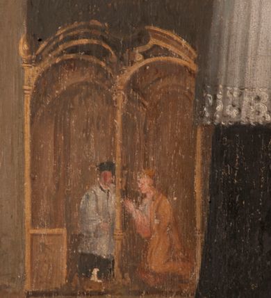 Zdjęcie nr 3: Obraz ze św. Janem Nepomucenem został ujęty profilowaną, złoconą ramą z uszakami. Święty został przedstawiony na tle brunatnej ściany we wnętrzu pomieszczenia frontalnie w całej postaci z głową nieznacznie ujętą w trzech czwartych w lewo. Jan Nepomucen stoi na trójstopniowym podwyższeniu przypominającym fantazyjne, dwubarwne schody. Jest to starszy mężczyzna o pociągłej twarzy z siwym zarostem i włosami wysuwającymi się spod kapłańskiego biretu. Rumianą twarz charakteryzują wydatny nos oraz usta. Święty ubrany jest w czarną sutannę z białą koloratką w formie kołnierzyka, sięgającą kolan komżę obszytą u spodu koronką oraz kanonicką białoszarawą almucję z zaznaczonymi ogonkami popielic. Na głowie ma biret, ponad którym widać zaznaczony złotą kreską nimb talerzowy. W lekko ugiętej lewej ręce trzyma ukazany pod kątem drewniany, rzeźbiony i naturalistycznie polichromowany krucyfiks, który u dołu podtrzymuje prawą dłonią. O prawe ramię trzyma opartą srebrzystobiałą palmę męczeństwa. Za postacią po lewej stronie kompozycji wyobrażono scenę spowiedzi królowej Zofii, żony Wacława IV. Spowiedź ma miejsce w dwudzielnym konfesjonale utworzonym z dwóch połączonych arkad. Z lewej strony siedzi św. Jan Nepomucen w birecie, komży i sutannie, z drugiej klęczy królowa Zofia w koronie na głowie, ubrana w bladoczerwoną i ochrową suknię. W głębi z prawej strony kompozycji ukazano męczeństwo św. Jana Nepomucena. Widoczny jest trójprzęsłowy most wsparty na arkadach, z którego czterech oprawców zrzuca do Wełtawy Jana ubranego w czarną sutannę. Z prawej strony most rozpoczyna brama mostowa w formie domku nakrytego dachem siodłowym z półokrągłą bramą. W górnym, lewym rogu obrazu widać fragment szarobiałej draperii. Pod obrazem umieszczono napis czarny, majuskułowy „S(ANCTUS) IOANNES NEPOMUCENUS”. Natomiast poniżej na płycinie stalli w prostokątnym, profilowanym obramieniu widoczna jest druga inskrypcja: „JUSTORUM ANIMAE IN MANU DEI SUNT”.