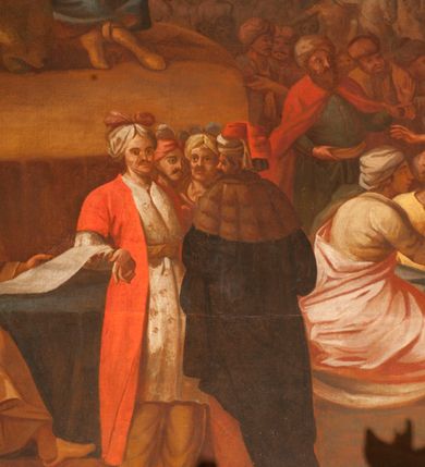 Zdjęcie nr 5: Obraz o kształcie leżącego prostokąta w profilowanej, drewnianej ramie dekorowanej złoconym ornamentem z umieszczonym u góry, na osi, złoconym, podłużnym kartuszem wolutowym zwieńczonym muszlą. W jego srebrzonym polu napis „TUTELARIUM / ECCLESIAE PAROCHIALIS / IN / NIEPOŁOMICE / DECEM MILLIUM MILITUM MARTIRUM / MARTIRII / HISTORIA". Wielopostaciowa, rozbudowana kompozycja ze sceną męczeństwa dziecięciu tysięcy męczenników. Po lewej stronie, na pierwszym planie ukazano dwór królewski z cesarzem Hadrianem wydającym rozkaz zabicia chrześcijan. Po prawej przedstawiono sceny obnażania z szat, prowadzenia spętanych chrześcijan, ustawiania krzyży i przybijania do nich męczenników i ich ustawiania. W tle las krzyży i odległy pejzaż z widocznym miastem – Aleksandria. W dolnej środkowej części kompozycji prostokątna tablica o profilowanych brzegach, zamknięta prostym belkowaniem. W polu, na ciemnym tle napis: I-II Martyres crucifixi sunt in Mon/te Ararat, sub Adriano Imperatore / prope Alexariam tempore mortis / Ipsorum haec signa apparueru[n]t / qua visa fuerunt sub tempus pas/sionis Christi”. Ciepła kolorystyka z przewagą brązów, mocno pociemniała. 
