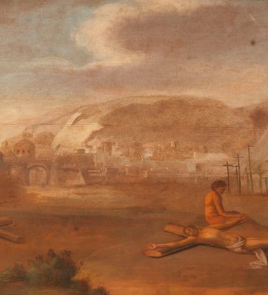 Zdjęcie nr 9: Obraz o kształcie leżącego prostokąta w profilowanej, drewnianej ramie dekorowanej złoconym ornamentem z umieszczonym u góry, na osi, złoconym, podłużnym kartuszem wolutowym zwieńczonym muszlą. W jego srebrzonym polu napis „TUTELARIUM / ECCLESIAE PAROCHIALIS / IN / NIEPOŁOMICE / DECEM MILLIUM MILITUM MARTIRUM / MARTIRII / HISTORIA&quot;. Wielopostaciowa, rozbudowana kompozycja ze sceną męczeństwa dziecięciu tysięcy męczenników. Po lewej stronie, na pierwszym planie ukazano dwór królewski z cesarzem Hadrianem wydającym rozkaz zabicia chrześcijan. Po prawej przedstawiono sceny obnażania z szat, prowadzenia spętanych chrześcijan, ustawiania krzyży i przybijania do nich męczenników i ich ustawiania. W tle las krzyży i odległy pejzaż z widocznym miastem – Aleksandria. W dolnej środkowej części kompozycji prostokątna tablica o profilowanych brzegach, zamknięta prostym belkowaniem. W polu, na ciemnym tle napis: I-II Martyres crucifixi sunt in Mon/te Ararat, sub Adriano Imperatore / prope Alexariam tempore mortis / Ipsorum haec signa apparueru[n]t / qua visa fuerunt sub tempus pas/sionis Christi”. Ciepła kolorystyka z przewagą brązów, mocno pociemniała. 
