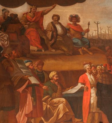 Zdjęcie nr 3: Obraz o kształcie leżącego prostokąta w profilowanej, drewnianej ramie dekorowanej złoconym ornamentem z umieszczonym u góry, na osi, złoconym, podłużnym kartuszem wolutowym zwieńczonym muszlą. W jego srebrzonym polu napis „TUTELARIUM / ECCLESIAE PAROCHIALIS / IN / NIEPOŁOMICE / DECEM MILLIUM MILITUM MARTIRUM / MARTIRII / HISTORIA&quot;. Wielopostaciowa, rozbudowana kompozycja ze sceną męczeństwa dziecięciu tysięcy męczenników. Po lewej stronie, na pierwszym planie ukazano dwór królewski z cesarzem Hadrianem wydającym rozkaz zabicia chrześcijan. Po prawej przedstawiono sceny obnażania z szat, prowadzenia spętanych chrześcijan, ustawiania krzyży i przybijania do nich męczenników i ich ustawiania. W tle las krzyży i odległy pejzaż z widocznym miastem – Aleksandria. W dolnej środkowej części kompozycji prostokątna tablica o profilowanych brzegach, zamknięta prostym belkowaniem. W polu, na ciemnym tle napis: I-II Martyres crucifixi sunt in Mon/te Ararat, sub Adriano Imperatore / prope Alexariam tempore mortis / Ipsorum haec signa apparueru[n]t / qua visa fuerunt sub tempus pas/sionis Christi”. Ciepła kolorystyka z przewagą brązów, mocno pociemniała. 
