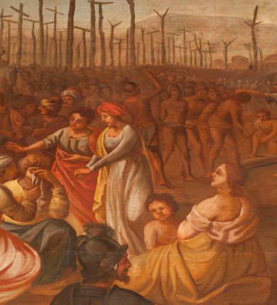 Zdjęcie nr 10: Obraz o kształcie leżącego prostokąta w profilowanej, drewnianej ramie dekorowanej złoconym ornamentem z umieszczonym u góry, na osi, złoconym, podłużnym kartuszem wolutowym zwieńczonym muszlą. W jego srebrzonym polu napis „TUTELARIUM / ECCLESIAE PAROCHIALIS / IN / NIEPOŁOMICE / DECEM MILLIUM MILITUM MARTIRUM / MARTIRII / HISTORIA&quot;. Wielopostaciowa, rozbudowana kompozycja ze sceną męczeństwa dziecięciu tysięcy męczenników. Po lewej stronie, na pierwszym planie ukazano dwór królewski z cesarzem Hadrianem wydającym rozkaz zabicia chrześcijan. Po prawej przedstawiono sceny obnażania z szat, prowadzenia spętanych chrześcijan, ustawiania krzyży i przybijania do nich męczenników i ich ustawiania. W tle las krzyży i odległy pejzaż z widocznym miastem – Aleksandria. W dolnej środkowej części kompozycji prostokątna tablica o profilowanych brzegach, zamknięta prostym belkowaniem. W polu, na ciemnym tle napis: I-II Martyres crucifixi sunt in Mon/te Ararat, sub Adriano Imperatore / prope Alexariam tempore mortis / Ipsorum haec signa apparueru[n]t / qua visa fuerunt sub tempus pas/sionis Christi”. Ciepła kolorystyka z przewagą brązów, mocno pociemniała. 
