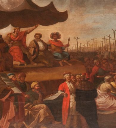 Zdjęcie nr 1: Obraz o kształcie leżącego prostokąta w profilowanej, drewnianej ramie dekorowanej złoconym ornamentem z umieszczonym u góry, na osi, złoconym, podłużnym kartuszem wolutowym zwieńczonym muszlą. W jego srebrzonym polu napis „TUTELARIUM / ECCLESIAE PAROCHIALIS / IN / NIEPOŁOMICE / DECEM MILLIUM MILITUM MARTIRUM / MARTIRII / HISTORIA". Wielopostaciowa, rozbudowana kompozycja ze sceną męczeństwa dziecięciu tysięcy męczenników. Po lewej stronie, na pierwszym planie ukazano dwór królewski z cesarzem Hadrianem wydającym rozkaz zabicia chrześcijan. Po prawej przedstawiono sceny obnażania z szat, prowadzenia spętanych chrześcijan, ustawiania krzyży i przybijania do nich męczenników i ich ustawiania. W tle las krzyży i odległy pejzaż z widocznym miastem – Aleksandria. W dolnej środkowej części kompozycji prostokątna tablica o profilowanych brzegach, zamknięta prostym belkowaniem. W polu, na ciemnym tle napis: I-II Martyres crucifixi sunt in Mon/te Ararat, sub Adriano Imperatore / prope Alexariam tempore mortis / Ipsorum haec signa apparueru[n]t / qua visa fuerunt sub tempus pas/sionis Christi”. Ciepła kolorystyka z przewagą brązów, mocno pociemniała. 
