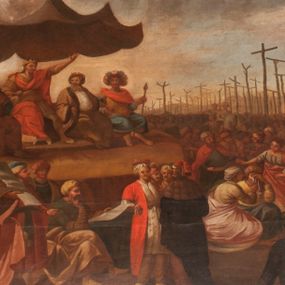 Zdjęcie nr 1: Obraz o kształcie leżącego prostokąta w profilowanej, drewnianej ramie dekorowanej złoconym ornamentem z umieszczonym u góry, na osi, złoconym, podłużnym kartuszem wolutowym zwieńczonym muszlą. W jego srebrzonym polu napis „TUTELARIUM / ECCLESIAE PAROCHIALIS / IN / NIEPOŁOMICE / DECEM MILLIUM MILITUM MARTIRUM / MARTIRII / HISTORIA&quot;. Wielopostaciowa, rozbudowana kompozycja ze sceną męczeństwa dziecięciu tysięcy męczenników. Po lewej stronie, na pierwszym planie ukazano dwór królewski z cesarzem Hadrianem wydającym rozkaz zabicia chrześcijan. Po prawej przedstawiono sceny obnażania z szat, prowadzenia spętanych chrześcijan, ustawiania krzyży i przybijania do nich męczenników i ich ustawiania. W tle las krzyży i odległy pejzaż z widocznym miastem – Aleksandria. W dolnej środkowej części kompozycji prostokątna tablica o profilowanych brzegach, zamknięta prostym belkowaniem. W polu, na ciemnym tle napis: I-II Martyres crucifixi sunt in Mon/te Ararat, sub Adriano Imperatore / prope Alexariam tempore mortis / Ipsorum haec signa apparueru[n]t / qua visa fuerunt sub tempus pas/sionis Christi”. Ciepła kolorystyka z przewagą brązów, mocno pociemniała. 
