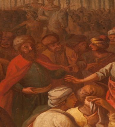 Zdjęcie nr 6: Obraz o kształcie leżącego prostokąta w profilowanej, drewnianej ramie dekorowanej złoconym ornamentem z umieszczonym u góry, na osi, złoconym, podłużnym kartuszem wolutowym zwieńczonym muszlą. W jego srebrzonym polu napis „TUTELARIUM / ECCLESIAE PAROCHIALIS / IN / NIEPOŁOMICE / DECEM MILLIUM MILITUM MARTIRUM / MARTIRII / HISTORIA". Wielopostaciowa, rozbudowana kompozycja ze sceną męczeństwa dziecięciu tysięcy męczenników. Po lewej stronie, na pierwszym planie ukazano dwór królewski z cesarzem Hadrianem wydającym rozkaz zabicia chrześcijan. Po prawej przedstawiono sceny obnażania z szat, prowadzenia spętanych chrześcijan, ustawiania krzyży i przybijania do nich męczenników i ich ustawiania. W tle las krzyży i odległy pejzaż z widocznym miastem – Aleksandria. W dolnej środkowej części kompozycji prostokątna tablica o profilowanych brzegach, zamknięta prostym belkowaniem. W polu, na ciemnym tle napis: I-II Martyres crucifixi sunt in Mon/te Ararat, sub Adriano Imperatore / prope Alexariam tempore mortis / Ipsorum haec signa apparueru[n]t / qua visa fuerunt sub tempus pas/sionis Christi”. Ciepła kolorystyka z przewagą brązów, mocno pociemniała. 
