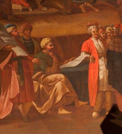 Zdjęcie nr 8: Obraz o kształcie leżącego prostokąta w profilowanej, drewnianej ramie dekorowanej złoconym ornamentem z umieszczonym u góry, na osi, złoconym, podłużnym kartuszem wolutowym zwieńczonym muszlą. W jego srebrzonym polu napis „TUTELARIUM / ECCLESIAE PAROCHIALIS / IN / NIEPOŁOMICE / DECEM MILLIUM MILITUM MARTIRUM / MARTIRII / HISTORIA". Wielopostaciowa, rozbudowana kompozycja ze sceną męczeństwa dziecięciu tysięcy męczenników. Po lewej stronie, na pierwszym planie ukazano dwór królewski z cesarzem Hadrianem wydającym rozkaz zabicia chrześcijan. Po prawej przedstawiono sceny obnażania z szat, prowadzenia spętanych chrześcijan, ustawiania krzyży i przybijania do nich męczenników i ich ustawiania. W tle las krzyży i odległy pejzaż z widocznym miastem – Aleksandria. W dolnej środkowej części kompozycji prostokątna tablica o profilowanych brzegach, zamknięta prostym belkowaniem. W polu, na ciemnym tle napis: I-II Martyres crucifixi sunt in Mon/te Ararat, sub Adriano Imperatore / prope Alexariam tempore mortis / Ipsorum haec signa apparueru[n]t / qua visa fuerunt sub tempus pas/sionis Christi”. Ciepła kolorystyka z przewagą brązów, mocno pociemniała. 
