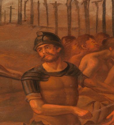 Zdjęcie nr 11: Obraz o kształcie leżącego prostokąta w profilowanej, drewnianej ramie dekorowanej złoconym ornamentem z umieszczonym u góry, na osi, złoconym, podłużnym kartuszem wolutowym zwieńczonym muszlą. W jego srebrzonym polu napis „TUTELARIUM / ECCLESIAE PAROCHIALIS / IN / NIEPOŁOMICE / DECEM MILLIUM MILITUM MARTIRUM / MARTIRII / HISTORIA&quot;. Wielopostaciowa, rozbudowana kompozycja ze sceną męczeństwa dziecięciu tysięcy męczenników. Po lewej stronie, na pierwszym planie ukazano dwór królewski z cesarzem Hadrianem wydającym rozkaz zabicia chrześcijan. Po prawej przedstawiono sceny obnażania z szat, prowadzenia spętanych chrześcijan, ustawiania krzyży i przybijania do nich męczenników i ich ustawiania. W tle las krzyży i odległy pejzaż z widocznym miastem – Aleksandria. W dolnej środkowej części kompozycji prostokątna tablica o profilowanych brzegach, zamknięta prostym belkowaniem. W polu, na ciemnym tle napis: I-II Martyres crucifixi sunt in Mon/te Ararat, sub Adriano Imperatore / prope Alexariam tempore mortis / Ipsorum haec signa apparueru[n]t / qua visa fuerunt sub tempus pas/sionis Christi”. Ciepła kolorystyka z przewagą brązów, mocno pociemniała. 
