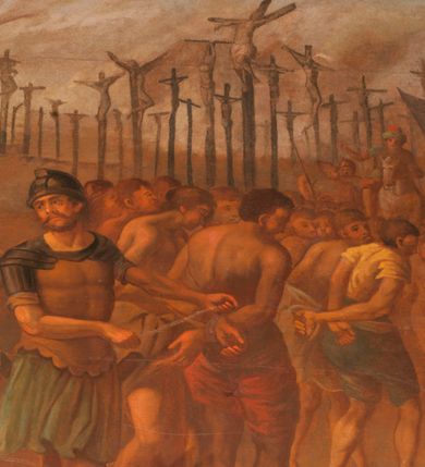 Zdjęcie nr 13: Obraz o kształcie leżącego prostokąta w profilowanej, drewnianej ramie dekorowanej złoconym ornamentem z umieszczonym u góry, na osi, złoconym, podłużnym kartuszem wolutowym zwieńczonym muszlą. W jego srebrzonym polu napis „TUTELARIUM / ECCLESIAE PAROCHIALIS / IN / NIEPOŁOMICE / DECEM MILLIUM MILITUM MARTIRUM / MARTIRII / HISTORIA". Wielopostaciowa, rozbudowana kompozycja ze sceną męczeństwa dziecięciu tysięcy męczenników. Po lewej stronie, na pierwszym planie ukazano dwór królewski z cesarzem Hadrianem wydającym rozkaz zabicia chrześcijan. Po prawej przedstawiono sceny obnażania z szat, prowadzenia spętanych chrześcijan, ustawiania krzyży i przybijania do nich męczenników i ich ustawiania. W tle las krzyży i odległy pejzaż z widocznym miastem – Aleksandria. W dolnej środkowej części kompozycji prostokątna tablica o profilowanych brzegach, zamknięta prostym belkowaniem. W polu, na ciemnym tle napis: I-II Martyres crucifixi sunt in Mon/te Ararat, sub Adriano Imperatore / prope Alexariam tempore mortis / Ipsorum haec signa apparueru[n]t / qua visa fuerunt sub tempus pas/sionis Christi”. Ciepła kolorystyka z przewagą brązów, mocno pociemniała. 
