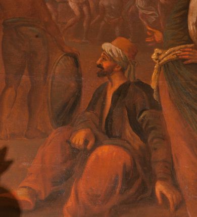 Zdjęcie nr 15: Obraz o kształcie leżącego prostokąta w profilowanej, drewnianej ramie dekorowanej złoconym ornamentem z umieszczonym u góry, na osi, złoconym, podłużnym kartuszem wolutowym zwieńczonym muszlą. W jego srebrzonym polu napis „TUTELARIUM / ECCLESIAE PAROCHIALIS / IN / NIEPOŁOMICE / DECEM MILLIUM MILITUM MARTIRUM / MARTIRII / HISTORIA". Wielopostaciowa, rozbudowana kompozycja ze sceną męczeństwa dziecięciu tysięcy męczenników. Po lewej stronie, na pierwszym planie ukazano dwór królewski z cesarzem Hadrianem wydającym rozkaz zabicia chrześcijan. Po prawej przedstawiono sceny obnażania z szat, prowadzenia spętanych chrześcijan, ustawiania krzyży i przybijania do nich męczenników i ich ustawiania. W tle las krzyży i odległy pejzaż z widocznym miastem – Aleksandria. W dolnej środkowej części kompozycji prostokątna tablica o profilowanych brzegach, zamknięta prostym belkowaniem. W polu, na ciemnym tle napis: I-II Martyres crucifixi sunt in Mon/te Ararat, sub Adriano Imperatore / prope Alexariam tempore mortis / Ipsorum haec signa apparueru[n]t / qua visa fuerunt sub tempus pas/sionis Christi”. Ciepła kolorystyka z przewagą brązów, mocno pociemniała. 
