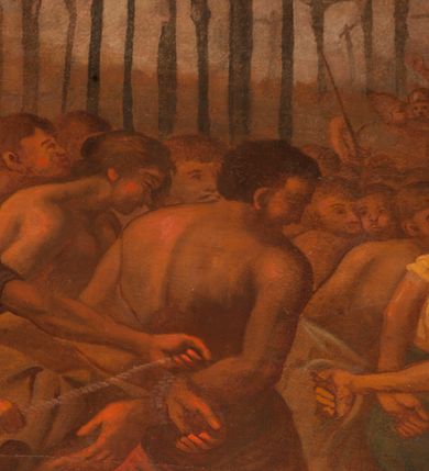 Zdjęcie nr 12: Obraz o kształcie leżącego prostokąta w profilowanej, drewnianej ramie dekorowanej złoconym ornamentem z umieszczonym u góry, na osi, złoconym, podłużnym kartuszem wolutowym zwieńczonym muszlą. W jego srebrzonym polu napis „TUTELARIUM / ECCLESIAE PAROCHIALIS / IN / NIEPOŁOMICE / DECEM MILLIUM MILITUM MARTIRUM / MARTIRII / HISTORIA&quot;. Wielopostaciowa, rozbudowana kompozycja ze sceną męczeństwa dziecięciu tysięcy męczenników. Po lewej stronie, na pierwszym planie ukazano dwór królewski z cesarzem Hadrianem wydającym rozkaz zabicia chrześcijan. Po prawej przedstawiono sceny obnażania z szat, prowadzenia spętanych chrześcijan, ustawiania krzyży i przybijania do nich męczenników i ich ustawiania. W tle las krzyży i odległy pejzaż z widocznym miastem – Aleksandria. W dolnej środkowej części kompozycji prostokątna tablica o profilowanych brzegach, zamknięta prostym belkowaniem. W polu, na ciemnym tle napis: I-II Martyres crucifixi sunt in Mon/te Ararat, sub Adriano Imperatore / prope Alexariam tempore mortis / Ipsorum haec signa apparueru[n]t / qua visa fuerunt sub tempus pas/sionis Christi”. Ciepła kolorystyka z przewagą brązów, mocno pociemniała. 
