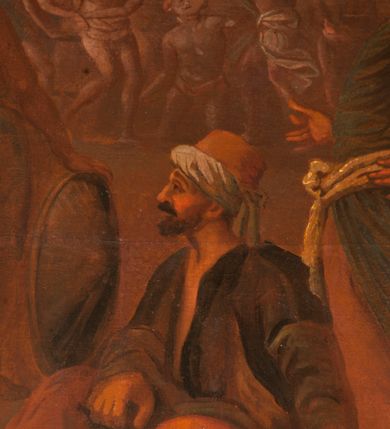 Zdjęcie nr 17: Obraz o kształcie leżącego prostokąta w profilowanej, drewnianej ramie dekorowanej złoconym ornamentem z umieszczonym u góry, na osi, złoconym, podłużnym kartuszem wolutowym zwieńczonym muszlą. W jego srebrzonym polu napis „TUTELARIUM / ECCLESIAE PAROCHIALIS / IN / NIEPOŁOMICE / DECEM MILLIUM MILITUM MARTIRUM / MARTIRII / HISTORIA". Wielopostaciowa, rozbudowana kompozycja ze sceną męczeństwa dziecięciu tysięcy męczenników. Po lewej stronie, na pierwszym planie ukazano dwór królewski z cesarzem Hadrianem wydającym rozkaz zabicia chrześcijan. Po prawej przedstawiono sceny obnażania z szat, prowadzenia spętanych chrześcijan, ustawiania krzyży i przybijania do nich męczenników i ich ustawiania. W tle las krzyży i odległy pejzaż z widocznym miastem – Aleksandria. W dolnej środkowej części kompozycji prostokątna tablica o profilowanych brzegach, zamknięta prostym belkowaniem. W polu, na ciemnym tle napis: I-II Martyres crucifixi sunt in Mon/te Ararat, sub Adriano Imperatore / prope Alexariam tempore mortis / Ipsorum haec signa apparueru[n]t / qua visa fuerunt sub tempus pas/sionis Christi”. Ciepła kolorystyka z przewagą brązów, mocno pociemniała. 
