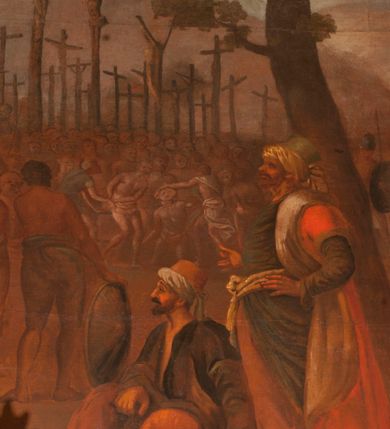 Zdjęcie nr 19: Obraz o kształcie leżącego prostokąta w profilowanej, drewnianej ramie dekorowanej złoconym ornamentem z umieszczonym u góry, na osi, złoconym, podłużnym kartuszem wolutowym zwieńczonym muszlą. W jego srebrzonym polu napis „TUTELARIUM / ECCLESIAE PAROCHIALIS / IN / NIEPOŁOMICE / DECEM MILLIUM MILITUM MARTIRUM / MARTIRII / HISTORIA". Wielopostaciowa, rozbudowana kompozycja ze sceną męczeństwa dziecięciu tysięcy męczenników. Po lewej stronie, na pierwszym planie ukazano dwór królewski z cesarzem Hadrianem wydającym rozkaz zabicia chrześcijan. Po prawej przedstawiono sceny obnażania z szat, prowadzenia spętanych chrześcijan, ustawiania krzyży i przybijania do nich męczenników i ich ustawiania. W tle las krzyży i odległy pejzaż z widocznym miastem – Aleksandria. W dolnej środkowej części kompozycji prostokątna tablica o profilowanych brzegach, zamknięta prostym belkowaniem. W polu, na ciemnym tle napis: I-II Martyres crucifixi sunt in Mon/te Ararat, sub Adriano Imperatore / prope Alexariam tempore mortis / Ipsorum haec signa apparueru[n]t / qua visa fuerunt sub tempus pas/sionis Christi”. Ciepła kolorystyka z przewagą brązów, mocno pociemniała. 
