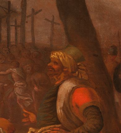 Zdjęcie nr 18: Obraz o kształcie leżącego prostokąta w profilowanej, drewnianej ramie dekorowanej złoconym ornamentem z umieszczonym u góry, na osi, złoconym, podłużnym kartuszem wolutowym zwieńczonym muszlą. W jego srebrzonym polu napis „TUTELARIUM / ECCLESIAE PAROCHIALIS / IN / NIEPOŁOMICE / DECEM MILLIUM MILITUM MARTIRUM / MARTIRII / HISTORIA". Wielopostaciowa, rozbudowana kompozycja ze sceną męczeństwa dziecięciu tysięcy męczenników. Po lewej stronie, na pierwszym planie ukazano dwór królewski z cesarzem Hadrianem wydającym rozkaz zabicia chrześcijan. Po prawej przedstawiono sceny obnażania z szat, prowadzenia spętanych chrześcijan, ustawiania krzyży i przybijania do nich męczenników i ich ustawiania. W tle las krzyży i odległy pejzaż z widocznym miastem – Aleksandria. W dolnej środkowej części kompozycji prostokątna tablica o profilowanych brzegach, zamknięta prostym belkowaniem. W polu, na ciemnym tle napis: I-II Martyres crucifixi sunt in Mon/te Ararat, sub Adriano Imperatore / prope Alexariam tempore mortis / Ipsorum haec signa apparueru[n]t / qua visa fuerunt sub tempus pas/sionis Christi”. Ciepła kolorystyka z przewagą brązów, mocno pociemniała. 
