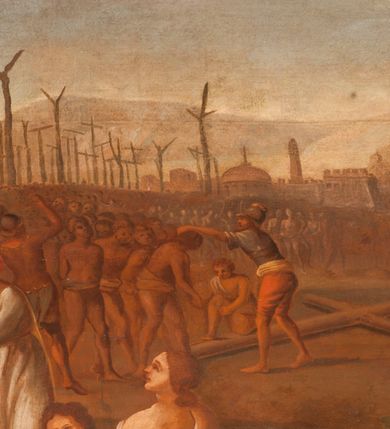 Zdjęcie nr 25: Obraz o kształcie leżącego prostokąta w profilowanej, drewnianej ramie dekorowanej złoconym ornamentem z umieszczonym u góry, na osi, złoconym, podłużnym kartuszem wolutowym zwieńczonym muszlą. W jego srebrzonym polu napis „TUTELARIUM / ECCLESIAE PAROCHIALIS / IN / NIEPOŁOMICE / DECEM MILLIUM MILITUM MARTIRUM / MARTIRII / HISTORIA". Wielopostaciowa, rozbudowana kompozycja ze sceną męczeństwa dziecięciu tysięcy męczenników. Po lewej stronie, na pierwszym planie ukazano dwór królewski z cesarzem Hadrianem wydającym rozkaz zabicia chrześcijan. Po prawej przedstawiono sceny obnażania z szat, prowadzenia spętanych chrześcijan, ustawiania krzyży i przybijania do nich męczenników i ich ustawiania. W tle las krzyży i odległy pejzaż z widocznym miastem – Aleksandria. W dolnej środkowej części kompozycji prostokątna tablica o profilowanych brzegach, zamknięta prostym belkowaniem. W polu, na ciemnym tle napis: I-II Martyres crucifixi sunt in Mon/te Ararat, sub Adriano Imperatore / prope Alexariam tempore mortis / Ipsorum haec signa apparueru[n]t / qua visa fuerunt sub tempus pas/sionis Christi”. Ciepła kolorystyka z przewagą brązów, mocno pociemniała. 
