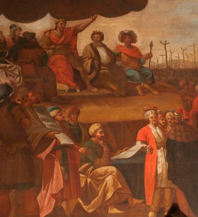 Zdjęcie nr 27: Obraz o kształcie leżącego prostokąta w profilowanej, drewnianej ramie dekorowanej złoconym ornamentem z umieszczonym u góry, na osi, złoconym, podłużnym kartuszem wolutowym zwieńczonym muszlą. W jego srebrzonym polu napis „TUTELARIUM / ECCLESIAE PAROCHIALIS / IN / NIEPOŁOMICE / DECEM MILLIUM MILITUM MARTIRUM / MARTIRII / HISTORIA". Wielopostaciowa, rozbudowana kompozycja ze sceną męczeństwa dziecięciu tysięcy męczenników. Po lewej stronie, na pierwszym planie ukazano dwór królewski z cesarzem Hadrianem wydającym rozkaz zabicia chrześcijan. Po prawej przedstawiono sceny obnażania z szat, prowadzenia spętanych chrześcijan, ustawiania krzyży i przybijania do nich męczenników i ich ustawiania. W tle las krzyży i odległy pejzaż z widocznym miastem – Aleksandria. W dolnej środkowej części kompozycji prostokątna tablica o profilowanych brzegach, zamknięta prostym belkowaniem. W polu, na ciemnym tle napis: I-II Martyres crucifixi sunt in Mon/te Ararat, sub Adriano Imperatore / prope Alexariam tempore mortis / Ipsorum haec signa apparueru[n]t / qua visa fuerunt sub tempus pas/sionis Christi”. Ciepła kolorystyka z przewagą brązów, mocno pociemniała. 
