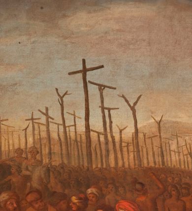 Zdjęcie nr 26: Obraz o kształcie leżącego prostokąta w profilowanej, drewnianej ramie dekorowanej złoconym ornamentem z umieszczonym u góry, na osi, złoconym, podłużnym kartuszem wolutowym zwieńczonym muszlą. W jego srebrzonym polu napis „TUTELARIUM / ECCLESIAE PAROCHIALIS / IN / NIEPOŁOMICE / DECEM MILLIUM MILITUM MARTIRUM / MARTIRII / HISTORIA". Wielopostaciowa, rozbudowana kompozycja ze sceną męczeństwa dziecięciu tysięcy męczenników. Po lewej stronie, na pierwszym planie ukazano dwór królewski z cesarzem Hadrianem wydającym rozkaz zabicia chrześcijan. Po prawej przedstawiono sceny obnażania z szat, prowadzenia spętanych chrześcijan, ustawiania krzyży i przybijania do nich męczenników i ich ustawiania. W tle las krzyży i odległy pejzaż z widocznym miastem – Aleksandria. W dolnej środkowej części kompozycji prostokątna tablica o profilowanych brzegach, zamknięta prostym belkowaniem. W polu, na ciemnym tle napis: I-II Martyres crucifixi sunt in Mon/te Ararat, sub Adriano Imperatore / prope Alexariam tempore mortis / Ipsorum haec signa apparueru[n]t / qua visa fuerunt sub tempus pas/sionis Christi”. Ciepła kolorystyka z przewagą brązów, mocno pociemniała. 
