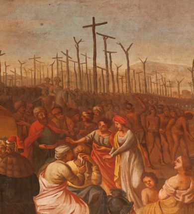 Zdjęcie nr 28: Obraz o kształcie leżącego prostokąta w profilowanej, drewnianej ramie dekorowanej złoconym ornamentem z umieszczonym u góry, na osi, złoconym, podłużnym kartuszem wolutowym zwieńczonym muszlą. W jego srebrzonym polu napis „TUTELARIUM / ECCLESIAE PAROCHIALIS / IN / NIEPOŁOMICE / DECEM MILLIUM MILITUM MARTIRUM / MARTIRII / HISTORIA&quot;. Wielopostaciowa, rozbudowana kompozycja ze sceną męczeństwa dziecięciu tysięcy męczenników. Po lewej stronie, na pierwszym planie ukazano dwór królewski z cesarzem Hadrianem wydającym rozkaz zabicia chrześcijan. Po prawej przedstawiono sceny obnażania z szat, prowadzenia spętanych chrześcijan, ustawiania krzyży i przybijania do nich męczenników i ich ustawiania. W tle las krzyży i odległy pejzaż z widocznym miastem – Aleksandria. W dolnej środkowej części kompozycji prostokątna tablica o profilowanych brzegach, zamknięta prostym belkowaniem. W polu, na ciemnym tle napis: I-II Martyres crucifixi sunt in Mon/te Ararat, sub Adriano Imperatore / prope Alexariam tempore mortis / Ipsorum haec signa apparueru[n]t / qua visa fuerunt sub tempus pas/sionis Christi”. Ciepła kolorystyka z przewagą brązów, mocno pociemniała. 
