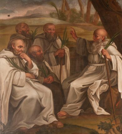 Zdjęcie nr 1: Obraz w kształcie stojącego prostokąta, w złoconej, profilowanej ramie. W centrum kompozycji przedstawienie pięciu zakonników w strojach kamedulskich siedzących na tle wiejskiego pejzażu. Wszyscy ubrani w białe habity, obfite płaszcze z kapturami, w rękach trzymają palmy męczeństwa. Po prawej najstarszy z nich, św. Romuald zasiadający na kamieniu, lewą dłoń wspiera na drewnianej lasce, prawą unosi w geście błogosławieństwa. Kolorystyka ciepła, stonowana z przewagą ciepłych zieleni.