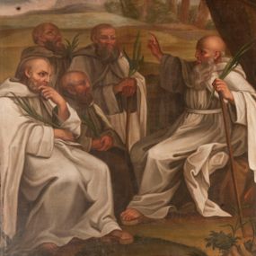 Zdjęcie nr 1: Obraz w kształcie stojącego prostokąta, w złoconej, profilowanej ramie. W centrum kompozycji przedstawienie pięciu zakonników w strojach kamedulskich siedzących na tle wiejskiego pejzażu. Wszyscy ubrani w białe habity, obfite płaszcze z kapturami, w rękach trzymają palmy męczeństwa. Po prawej najstarszy z nich, św. Romuald zasiadający na kamieniu, lewą dłoń wspiera na drewnianej lasce, prawą unosi w geście błogosławieństwa. Kolorystyka ciepła, stonowana z przewagą ciepłych zieleni.