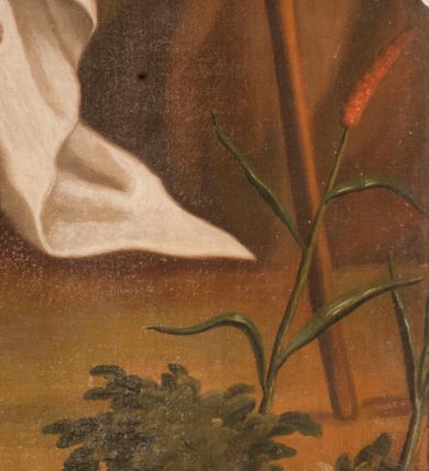 Zdjęcie nr 13: Obraz w kształcie stojącego prostokąta, w złoconej, profilowanej ramie. W centrum kompozycji przedstawienie pięciu zakonników w strojach kamedulskich siedzących na tle wiejskiego pejzażu. Wszyscy ubrani w białe habity, obfite płaszcze z kapturami, w rękach trzymają palmy męczeństwa. Po prawej najstarszy z nich, św. Romuald zasiadający na kamieniu, lewą dłoń wspiera na drewnianej lasce, prawą unosi w geście błogosławieństwa. Kolorystyka ciepła, stonowana z przewagą ciepłych zieleni.