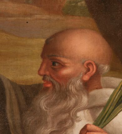 Zdjęcie nr 14: Obraz w kształcie stojącego prostokąta, w złoconej, profilowanej ramie. W centrum kompozycji przedstawienie pięciu zakonników w strojach kamedulskich siedzących na tle wiejskiego pejzażu. Wszyscy ubrani w białe habity, obfite płaszcze z kapturami, w rękach trzymają palmy męczeństwa. Po prawej najstarszy z nich, św. Romuald zasiadający na kamieniu, lewą dłoń wspiera na drewnianej lasce, prawą unosi w geście błogosławieństwa. Kolorystyka ciepła, stonowana z przewagą ciepłych zieleni.