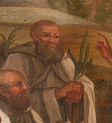 Zdjęcie nr 11: Obraz w kształcie stojącego prostokąta, w złoconej, profilowanej ramie. W centrum kompozycji przedstawienie pięciu zakonników w strojach kamedulskich siedzących na tle wiejskiego pejzażu. Wszyscy ubrani w białe habity, obfite płaszcze z kapturami, w rękach trzymają palmy męczeństwa. Po prawej najstarszy z nich, św. Romuald zasiadający na kamieniu, lewą dłoń wspiera na drewnianej lasce, prawą unosi w geście błogosławieństwa. Kolorystyka ciepła, stonowana z przewagą ciepłych zieleni.