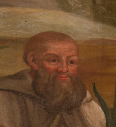 Zdjęcie nr 6: Obraz w kształcie stojącego prostokąta, w złoconej, profilowanej ramie. W centrum kompozycji przedstawienie pięciu zakonników w strojach kamedulskich siedzących na tle wiejskiego pejzażu. Wszyscy ubrani w białe habity, obfite płaszcze z kapturami, w rękach trzymają palmy męczeństwa. Po prawej najstarszy z nich, św. Romuald zasiadający na kamieniu, lewą dłoń wspiera na drewnianej lasce, prawą unosi w geście błogosławieństwa. Kolorystyka ciepła, stonowana z przewagą ciepłych zieleni.