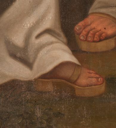 Zdjęcie nr 5: Obraz w kształcie stojącego prostokąta, w złoconej, profilowanej ramie. W centrum kompozycji przedstawienie pięciu zakonników w strojach kamedulskich siedzących na tle wiejskiego pejzażu. Wszyscy ubrani w białe habity, obfite płaszcze z kapturami, w rękach trzymają palmy męczeństwa. Po prawej najstarszy z nich, św. Romuald zasiadający na kamieniu, lewą dłoń wspiera na drewnianej lasce, prawą unosi w geście błogosławieństwa. Kolorystyka ciepła, stonowana z przewagą ciepłych zieleni.