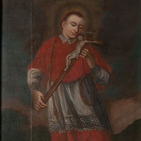 Zdjęcie nr 1: Obraz otrzymał kształt stojącego prostokąta zamkniętego łukiem pełnym. Na tle schematycznie przedstawionego pagórkowatego pejzażu ukazano w nieznacznym kontrapoście w całej postaci św. Karola Boromeusza. Święty został przedstawiony frontalnie z głową lekko pochyloną i zwróconą w trzech czwartych w lewo. Spogląda na drewniany krucyfiks, ułożony ukośnie i oparty o jego lewe ramię, który trzyma obiema dłońmi. Ma owalną twarz z charakterystycznym wydatnym nosem, wąskie usta oraz krótkie ciemnobrązowe włosy. Ubrany jest w strój kardynalski: purpurową sutannę, mucet i piuskę oraz białą komżę. Stopy ma bose. Na ramionach widoczny jest zarzucony powróz pokutny z węzłami, zakończony szeroką pętlą. Ponad obrazem na łuku archiwolty widnieje czerwony łaciński napis: „Iacite ergo fructus dignios Paenitentiae Luc[a]. Cap[ut]. 3 vers[us] 8”. Z kolei pod obrazem na dolnej krawędzi znajduje się napis polski: „Boso na szyi powróz w processyi nosi / i by Bóg karę oddalił z płaczem o to prosi”.   