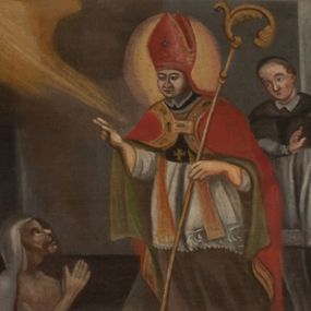 Zdjęcie nr 1: Obraz uzyskał kształt leżącego prostokąta. We wnętrzu pomieszczenia o szarych ścianach ukazano scenę wskrzeszenia Piotrowina przez św. Stanisława ze Szczepanowa. Z lewej strony pomieszczenie otwiera się na rozpościerający się w głębi schematyczny pejzaż z motywem nachodzących na siebie wzgórz. Pośrodku przedstawiono w dwóch trzecich św. Stanisława, zwróconego w trzech czwartych w prawo. Święty w geście błogosławieństwa unosi prawą rękę nad wychylającym się w półpostaci z grobu Piotrowinem. W lewej ręce trzyma złoty pastorał zakończony wolutową krzywaśnią z motywem skręcającej się ulistnionej gałęzi. Jego twarz ma beżowo-szarawą karnację. Charakteryzują ją okrągłe i pełne policzki, wydatny nos, ciemnoczerwone usta i półprzymknięte powiekami oczy. Głowę biskupa okala świetlisty nimb. Święty jest ubrany w strój pontyfikalny – fioletowo-szarą sutannę, białą komżę, na której widać czarny mucet i złocistoczerwoną stułę. Na ramionach ma założoną czerwoną kapę podbitą zgniłozieloną tkaniną i lamowaną złotym obszyciem, a na głowie czerwonozłocistą infułę. Poniżej, z prawej strony św. Stanisława ukazany został do pasa, ze złożonymi w geście modlitwy dłońmi Piotrowin, wychylający się z prostokątnego grobu. Jego twarz ma szarobrunatną karnację. Na kościstej twarzy widać szeroko otwarte oczy i wydatny nos oraz usta okolone ciemnobrązowym zarostem. Piotrowin jest nagi, z założonym na głowę całunem spływającym na ramiona i plecy. Stanisławowi towarzyszą trzy postacie stojące po jego lewej stronie. Pierwszą jest duchowny zwrócony w trzech czwartych w prawo z lekko ugiętą w łokciu lewą ręką. Prawą trzyma na wysokości piersi. Ma owalną twarz z wydatnym czołem, szerokim nosem, ciemnymi oczami, wąskimi ustami, okoloną jasnobrązowymi włosami skręcającymi się w pukle. Ubrany jest w strój kanonicki – czarno-szarą sutannę, mucet i piuskę na głowie oraz białą komżę. Obok, z lewej strony ukazani zostali dwaj mężczyźni, z których pierwszy ujęty w całej postaci, zwrócony w trzech czwartych w prawo z lewą ręką przyciśniętą do piersi, ma na sobie szlachecki kontusz. Jego twarz jest owalna i ma zniekształcone rysy. Dominuje duże czoło i szeroki nos oraz czarne oczy i wydatne usta. Ma krótkie ciemnobrązowe włosy zaczesane w grzywkę. Stojący obok drugi mężczyzna widoczny jest tylko częściowo. Ukazany został z profilu z głową zwróconą w prawo. Ma zakrzywiony nos, ciemne oczy i duże, czerwone usta. Widoczny tylko fragmentarycznie strój jest koloru jasnobrązowego. W lewym, górnym rogu obrazu znajdują się złote promienie wyłaniające się z chmur, padające na postać św. Stanisława.