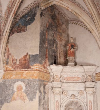 Zdjęcie nr 1: Zachowana dekoracja malarska znajduje się w tzw. starej zakrystii, określanej także jako oratorium królewskie. Dobudowano ją od północy do prezbiterium niepołomickiego kościoła. Jest to niewielka budowla na rzucie wydłużonego prostokąta, nakryta trójprzęsłowym krzyżowo-żebrowym sklepieniem, od wschodu zamknięta dwubocznie. Od zachodu w narożniku południowym widoczne jest załamanie muru, tworzącego dwie ściany wieżyczki schodowej. Do jej wnętrza prowadzi ostrołukowy portal. Oratorium oświetlają trzy ostrołukowe okna. Tylko czwarte, obecnie zamurowane, przeprute w murze północno-wschodnim pochodzi z czasów budowy kościoła. Stara zakrystia połączona jest z kościołem za pomocą ostrołukowego, profilowanego kamiennego portalu umieszczonego w środkowym przęśle ściany południowej. Na sklepieniu znajdują się rzeźbione zworniki z przedstawieniem w przęśle wschodnim głowy Chrystusa w nimbie krzyżowym, w środkowym maski liściastej, a w zachodnim motywów roślinnych. Podobnie rzeźbione motywy roślinne  pokrywają wsporniki, na które spływają żebra. 
Zachowana polichromia tworzy z architekturą starej zakrystii harmonijną całość. Białe wysklepki sklepień otoczone są wielobarwnymi, namalowanymi wzdłuż żeber, iluzjonistyczno-geometrycznymi pasami imitującymi kamienne inkrustacje w typie &quot;arte cosmatesca&quot;. Pierwotnie polichromowane były także same żebra oraz rzeźbione zworniki i wsporniki. Pionowym rytmom barwnych pasów przeciwstawiają się na ścianie wschodniej, południowej i zachodniej dwa poziome, iluzjonistyczne malowane fryzy. Górny, w odcieniach brązów jest szerszy i przypomina gzyms. Przebiega w połowie wysokości ścian, na poziomie wsporników. Poniżej znajduje się drugi, o połowę węższy, skomponowany z wielobarwnych geometrycznych rozet w rombowych polach. Fryzy wyznaczają trzy strefy dekoracji. Dolny pas uległ zniszczeniu za wyjątkiem niewielkiego fragmentu iluzjonistycznie malowanej konsolki na ścianie południowej. Dla strefy środkowej głównej tło stanowi niebieska barwa. Niestety oba te pasy obecnie są mocno uszkodzone. 
Pierwotnie pas środkowy ścian zajmowały naturalnej wielkości postacie kobiece, ujęte powyżej kolan. Z namalowanych dwunastu świętych do naszych czasów przetrwało sześć - w całości cztery (na ścianie wschodniej, południowej i zachodniej) oraz jedna bez głowy (ściana południowa) i jedna w połowie (ściana zachodnia). Są to jasno lub ciemnowłose młode kobiety, trzymające palmy męczeństwa. Ubrane są w suknie z narzuconymi płaszczami w kolorach żółtym, oliwkowym, różowym, liliowym, brązowym i błękitnym. Jedna z nich, wyobrażona ponad wejściem na klatkę schodową w wieżyczce, jest ukazana jako kobieta w podeszłym wieku z okrytą głową i dłońmi uniesionymi na wysokość piersi w geście orantki. Głowy męczennic i orantki okalają plastycznie, tłoczone w zaprawie nimby zdobione promieniami. Na niektórych głowach dziewic zachowały się ślady namalowanych brązową farbą koron o niskich sterczynach w kształcie heraldycznych lilii. 
W ścianie północno-wschodniej dwubocznego zamknięcia znajduje się obecnie zamurowane lancetowate, ostrołukowe okno z fragmentami polichromii w glifie okiennym. Pierwotnie tworzyło ją dziesięć czterolistnych obramowań wpisanych w romby, umieszczonych jeden nad drugim. Przedstawiono w nich w półpostaci aniołów z głowami otoczonymi nimbami. W dolnej części okno do  poziomu gotyckich wsporników otacza iluzjonistycznie malowana dekoracja utworzona z motywów kamiennych płyt.  
W górnej strefie oratorium wyobrażono cykl hagiograficzny, składający się z sześciu scen namalowanych w ostrołukowych polach, wyznaczonych łukami tarczowymi sklepień i ujętych w obramienia z plastycznie malowanych zębów. Ograniczający je od dołu, iluzjonistycznie malowany, jakby wystający gzyms nadaje przedstawieniom teatralną głębie. 
Na ścianie południowo-wschodniej przedstawiono bliżej niezidentyfikowaną scenę męczeństwa. Na tle ochrowo-żółtej architektury ukazano z lewej strony na pierwszym planie grupę  rycerzy, z których dwóch widocznych jest w całej postaci w średniowiecznych zbrojach stylizowanych na rzymskie, w hełmach i z ostrołukowymi tarczami trzymanymi w lewych rękach. Ich odzież ma kolor błękitny, granatowy, czerwony, fioletowy, cynobrowy. Rycerze lekko unoszą głowy w stronę półpostaci wychylającej się z okna loggi w górnej części architektury. Był to zapewne władca, dziś jego postać zachowała się tylko fragmentarycznie. Postać z okna wskazuje palcem na centralnie ukazany kocioł zawieszony pod arkadą, stanowiącą część architektury tła. Widoczna w nim jest w półpostaci jasnowłosa kobieta w białej sukni na ramiączkach z modlitewnie złożonymi rękami na piersi. Jej głowę otacza nimb. Kocioł wisi na haku za półokrągły uchwyt, pod nim pali się ognisko. Z prawej strony kotła widoczna jest fragmentarycznie zachowana postać rycerza w zbroi, który oburącz długim kijem miesza w kotle. 
Na prawo od sceny męczeństwa na ścianie południowej namalowano scenę określaną jako &quot;przed władcą&quot;. W centrum przedstawienia na tle architektury wyobrażono tron z zasiadającym na nim władcą. Jest to brodaty mężczyzna ukazany z profilu z koroną na głowie, który w prawej dłoni unosi berło skierowane w stronę przyprowadzonej do niego kobiety. Tron i architektoniczne jego obramienie malowane jest w kolorach brązu i ochry. Jego zaplecek dekoruje zawieszona pasiasta tkanina. Ciemnowłosy władca ubrany jest w turkusową szatę z narzuconym na ramiona brązowym płaszczem. Za tronem z lewej strony stoi paź o kędzierzawej fryzurze wsparty na trzymanym ostrzem w dół mieczu. Stojąca przed władcą kobieta ubrana jest w czerwoną długą suknię. Ma jasne włosy, a jej głowę okala nimb. Ręce ma skrzyżowane i związane na wysokości pasa. Obok niej stoi inna postać także w długiej szacie, z uniesioną prawą dłonią. Za świętą widoczne są inne postacie, niestety skala zniszczenia malowidła uniemożliwia ich opis i identyfikację. 
Trzecie malowidło, usytuowane nad wejściem do oratorium, ukazuje scenę dysputyt. W centrum przedstawienia pod architektonicznym zadaszeniem w formie portyku lub altany o kasetonowym stropie, wspartym na dwóch czworobocznych filarach, ukazano widoczne z profilu trzy siedzące  kobiety. Jedna z lewej strony a dwie naprzeciwko z prawej. Kobieta z lewej  ma odkryte jasne, długie włosy. Jej głowę otacza nimb. Na wysokość piersi unosi obie dłonie, sprawiając wrażenie, jakby w nich trzymała owalny przedmiot. Ubrana jest w ciemnoczerwoną długą suknię, zakrywającą nogi. Naprzeciw niej siedzą dwie inne niewiasty o długich, jasnych włosach w prostych koronach na głowach. Jedna z nich unosi swoją prawą rękę. Obie ubrane są w długie suknie w kolorze ochry. Za nimi pomiędzy filarami widoczna jest rozpięta zasłona w pionowe oliwkowe, zielone, białe i czerwone pasy. Na podłodze leży dywan dekorowany w żółte, zielone, niebieskie i czerwone pasy. 
Mocno zniszczone w dolnej części czwarte przedstawienie ilustruje scenę chłosty. Z lewej strony kompozycji wyobrażono budowlę z architektoniczną loggią, z której w półpostaci wychyla się władca. W prawej ręce poziomo trzyma berło skierowane w stronę grupy osób, za którymi wykonywana jest kara chłosty. Władca, podobnie jak w drugiej scenie, został ukazany jako mężczyzna o ciemnym zaroście i takich samych włosach. Na głowie ma koronę. Ubrany jest w brązowe szaty o różnych odcieniach. Centralnie przedstawioną stłoczoną grupę tworzy czterech żołnierzy oraz starszy mężczyzna w zawoju na głowie z siwą, długą brodą. Żołnierze mają zbroje i hełmy. Jeden z nich, najbliżej stojący z lewej przedstawiony został w profilu z głową i prawą ręką skierowaną w stronę króla. Także w stronę władcy zwrócony jest mężczyzna w zawoju na głowie z dwiema dłońmi uniesionymi na wysokość piersi. Z prawej strony kompozycji namalowano, dziś fragmentarycznie zachowany, rodzaj drewnianej szubienicy, utworzonej z poprzecznie zawieszonego na drewnianych podporach drążka. Nad dróżką do góry nogami wisi postać (dziś zniszczona), z której zachowały się jedynie stopy związane w kostkach sznurem. W jej stronę zwraca się jeden z żołnierzy ze środkowej grupy. Po prawej stronie szubienicy widoczna jest część postaci oprawcy, z której zachował się tylko fragment głowy oraz uniesiona lewa ręka z drewnianą pałką. 
Dwie ostatnie sceny umieszczono na zachodnim murze oratorium. Pierwsza z nich przedstawia strącenie bożka i została połączona z drugą ukazującą uwolnienia z więzienia. Część centralną kompozycji stanowi potrzaskana, wywracająca się kolumna, z której spada szatan w postaci żywego demona pokrytego sierścią. Strącił go widoczny w półpostaci w górnej części malowidła anioł trzymający w prawej ręce miecz. Z lewej strony kompozycji  klęczy na skalistej ziemi święta ubrana w długą ciemnoczerwoną suknię. Niestety nie zachowała się górna część jej postaci. Za nią stoi stłoczona grupa przerażonych świadków tego wydarzenia. Natomiast z prawej strony malowidła wyobrażono scenę uwolnienia z więzienia. Jej zasadniczym elementem jest architektoniczna struktura nawiązująca kształtem do wieży mieszkalnej, więzienia bądź bramy miejskiej. Święta ze związanymi rękami w ciemnoczerwonej sukni wychodzi z niej z prawej strony. W centrum budowli widoczne jest półokrągłe okno, a w nim zapewne jej popiersie o długich jasnych włosach, trzymające w dłoniach jakiś przedmiot. Wszystkie sceny cyklu w jedną całość wiąże gładkie niebieskie tło. Niezachowana kompozycja polichromii na ścianie północnej musiała odbiegać swym układem od pozostałych ścian. Płaszczyzna ścian została podzielona za pomocą węższego dolnego fryzu na dwie strefy. Górną część najprawdopodobniej zajmowały duże postacie stojące (fragment jednej z nich zachował się w sąsiedztwie okna w ścianie północno-wschodniej). Pod fryzem w części dolnej najprawdopodobniej była namalowana iluzjonistycznie wisząca kotara.   
    




