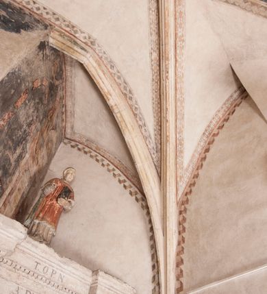 Zdjęcie nr 26: Zachowana dekoracja malarska znajduje się w tzw. starej zakrystii, określanej także jako oratorium królewskie. Dobudowano ją od północy do prezbiterium niepołomickiego kościoła. Jest to niewielka budowla na rzucie wydłużonego prostokąta, nakryta trójprzęsłowym krzyżowo-żebrowym sklepieniem, od wschodu zamknięta dwubocznie. Od zachodu w narożniku południowym widoczne jest załamanie muru, tworzącego dwie ściany wieżyczki schodowej. Do jej wnętrza prowadzi ostrołukowy portal. Oratorium oświetlają trzy ostrołukowe okna. Tylko czwarte, obecnie zamurowane, przeprute w murze północno-wschodnim pochodzi z czasów budowy kościoła. Stara zakrystia połączona jest z kościołem za pomocą ostrołukowego, profilowanego kamiennego portalu umieszczonego w środkowym przęśle ściany południowej. Na sklepieniu znajdują się rzeźbione zworniki z przedstawieniem w przęśle wschodnim głowy Chrystusa w nimbie krzyżowym, w środkowym maski liściastej, a w zachodnim motywów roślinnych. Podobnie rzeźbione motywy roślinne  pokrywają wsporniki, na które spływają żebra. 
Zachowana polichromia tworzy z architekturą starej zakrystii harmonijną całość. Białe wysklepki sklepień otoczone są wielobarwnymi, namalowanymi wzdłuż żeber, iluzjonistyczno-geometrycznymi pasami imitującymi kamienne inkrustacje w typie "arte cosmatesca". Pierwotnie polichromowane były także same żebra oraz rzeźbione zworniki i wsporniki. Pionowym rytmom barwnych pasów przeciwstawiają się na ścianie wschodniej, południowej i zachodniej dwa poziome, iluzjonistyczne malowane fryzy. Górny, w odcieniach brązów jest szerszy i przypomina gzyms. Przebiega w połowie wysokości ścian, na poziomie wsporników. Poniżej znajduje się drugi, o połowę węższy, skomponowany z wielobarwnych geometrycznych rozet w rombowych polach. Fryzy wyznaczają trzy strefy dekoracji. Dolny pas uległ zniszczeniu za wyjątkiem niewielkiego fragmentu iluzjonistycznie malowanej konsolki na ścianie południowej. Dla strefy środkowej głównej tło stanowi niebieska barwa. Niestety oba te pasy obecnie są mocno uszkodzone. 
Pierwotnie pas środkowy ścian zajmowały naturalnej wielkości postacie kobiece, ujęte powyżej kolan. Z namalowanych dwunastu świętych do naszych czasów przetrwało sześć - w całości cztery (na ścianie wschodniej, południowej i zachodniej) oraz jedna bez głowy (ściana południowa) i jedna w połowie (ściana zachodnia). Są to jasno lub ciemnowłose młode kobiety, trzymające palmy męczeństwa. Ubrane są w suknie z narzuconymi płaszczami w kolorach żółtym, oliwkowym, różowym, liliowym, brązowym i błękitnym. Jedna z nich, wyobrażona ponad wejściem na klatkę schodową w wieżyczce, jest ukazana jako kobieta w podeszłym wieku z okrytą głową i dłońmi uniesionymi na wysokość piersi w geście orantki. Głowy męczennic i orantki okalają plastycznie, tłoczone w zaprawie nimby zdobione promieniami. Na niektórych głowach dziewic zachowały się ślady namalowanych brązową farbą koron o niskich sterczynach w kształcie heraldycznych lilii. 
W ścianie północno-wschodniej dwubocznego zamknięcia znajduje się obecnie zamurowane lancetowate, ostrołukowe okno z fragmentami polichromii w glifie okiennym. Pierwotnie tworzyło ją dziesięć czterolistnych obramowań wpisanych w romby, umieszczonych jeden nad drugim. Przedstawiono w nich w półpostaci aniołów z głowami otoczonymi nimbami. W dolnej części okno do  poziomu gotyckich wsporników otacza iluzjonistycznie malowana dekoracja utworzona z motywów kamiennych płyt.  
W górnej strefie oratorium wyobrażono cykl hagiograficzny, składający się z sześciu scen namalowanych w ostrołukowych polach, wyznaczonych łukami tarczowymi sklepień i ujętych w obramienia z plastycznie malowanych zębów. Ograniczający je od dołu, iluzjonistycznie malowany, jakby wystający gzyms nadaje przedstawieniom teatralną głębie. 
Na ścianie południowo-wschodniej przedstawiono bliżej niezidentyfikowaną scenę męczeństwa. Na tle ochrowo-żółtej architektury ukazano z lewej strony na pierwszym planie grupę  rycerzy, z których dwóch widocznych jest w całej postaci w średniowiecznych zbrojach stylizowanych na rzymskie, w hełmach i z ostrołukowymi tarczami trzymanymi w lewych rękach. Ich odzież ma kolor błękitny, granatowy, czerwony, fioletowy, cynobrowy. Rycerze lekko unoszą głowy w stronę półpostaci wychylającej się z okna loggi w górnej części architektury. Był to zapewne władca, dziś jego postać zachowała się tylko fragmentarycznie. Postać z okna wskazuje palcem na centralnie ukazany kocioł zawieszony pod arkadą, stanowiącą część architektury tła. Widoczna w nim jest w półpostaci jasnowłosa kobieta w białej sukni na ramiączkach z modlitewnie złożonymi rękami na piersi. Jej głowę otacza nimb. Kocioł wisi na haku za półokrągły uchwyt, pod nim pali się ognisko. Z prawej strony kotła widoczna jest fragmentarycznie zachowana postać rycerza w zbroi, który oburącz długim kijem miesza w kotle. 
Na prawo od sceny męczeństwa na ścianie południowej namalowano scenę określaną jako "przed władcą". W centrum przedstawienia na tle architektury wyobrażono tron z zasiadającym na nim władcą. Jest to brodaty mężczyzna ukazany z profilu z koroną na głowie, który w prawej dłoni unosi berło skierowane w stronę przyprowadzonej do niego kobiety. Tron i architektoniczne jego obramienie malowane jest w kolorach brązu i ochry. Jego zaplecek dekoruje zawieszona pasiasta tkanina. Ciemnowłosy władca ubrany jest w turkusową szatę z narzuconym na ramiona brązowym płaszczem. Za tronem z lewej strony stoi paź o kędzierzawej fryzurze wsparty na trzymanym ostrzem w dół mieczu. Stojąca przed władcą kobieta ubrana jest w czerwoną długą suknię. Ma jasne włosy, a jej głowę okala nimb. Ręce ma skrzyżowane i związane na wysokości pasa. Obok niej stoi inna postać także w długiej szacie, z uniesioną prawą dłonią. Za świętą widoczne są inne postacie, niestety skala zniszczenia malowidła uniemożliwia ich opis i identyfikację. 
Trzecie malowidło, usytuowane nad wejściem do oratorium, ukazuje scenę dysputyt. W centrum przedstawienia pod architektonicznym zadaszeniem w formie portyku lub altany o kasetonowym stropie, wspartym na dwóch czworobocznych filarach, ukazano widoczne z profilu trzy siedzące  kobiety. Jedna z lewej strony a dwie naprzeciwko z prawej. Kobieta z lewej  ma odkryte jasne, długie włosy. Jej głowę otacza nimb. Na wysokość piersi unosi obie dłonie, sprawiając wrażenie, jakby w nich trzymała owalny przedmiot. Ubrana jest w ciemnoczerwoną długą suknię, zakrywającą nogi. Naprzeciw niej siedzą dwie inne niewiasty o długich, jasnych włosach w prostych koronach na głowach. Jedna z nich unosi swoją prawą rękę. Obie ubrane są w długie suknie w kolorze ochry. Za nimi pomiędzy filarami widoczna jest rozpięta zasłona w pionowe oliwkowe, zielone, białe i czerwone pasy. Na podłodze leży dywan dekorowany w żółte, zielone, niebieskie i czerwone pasy. 
Mocno zniszczone w dolnej części czwarte przedstawienie ilustruje scenę chłosty. Z lewej strony kompozycji wyobrażono budowlę z architektoniczną loggią, z której w półpostaci wychyla się władca. W prawej ręce poziomo trzyma berło skierowane w stronę grupy osób, za którymi wykonywana jest kara chłosty. Władca, podobnie jak w drugiej scenie, został ukazany jako mężczyzna o ciemnym zaroście i takich samych włosach. Na głowie ma koronę. Ubrany jest w brązowe szaty o różnych odcieniach. Centralnie przedstawioną stłoczoną grupę tworzy czterech żołnierzy oraz starszy mężczyzna w zawoju na głowie z siwą, długą brodą. Żołnierze mają zbroje i hełmy. Jeden z nich, najbliżej stojący z lewej przedstawiony został w profilu z głową i prawą ręką skierowaną w stronę króla. Także w stronę władcy zwrócony jest mężczyzna w zawoju na głowie z dwiema dłońmi uniesionymi na wysokość piersi. Z prawej strony kompozycji namalowano, dziś fragmentarycznie zachowany, rodzaj drewnianej szubienicy, utworzonej z poprzecznie zawieszonego na drewnianych podporach drążka. Nad dróżką do góry nogami wisi postać (dziś zniszczona), z której zachowały się jedynie stopy związane w kostkach sznurem. W jej stronę zwraca się jeden z żołnierzy ze środkowej grupy. Po prawej stronie szubienicy widoczna jest część postaci oprawcy, z której zachował się tylko fragment głowy oraz uniesiona lewa ręka z drewnianą pałką. 
Dwie ostatnie sceny umieszczono na zachodnim murze oratorium. Pierwsza z nich przedstawia strącenie bożka i została połączona z drugą ukazującą uwolnienia z więzienia. Część centralną kompozycji stanowi potrzaskana, wywracająca się kolumna, z której spada szatan w postaci żywego demona pokrytego sierścią. Strącił go widoczny w półpostaci w górnej części malowidła anioł trzymający w prawej ręce miecz. Z lewej strony kompozycji  klęczy na skalistej ziemi święta ubrana w długą ciemnoczerwoną suknię. Niestety nie zachowała się górna część jej postaci. Za nią stoi stłoczona grupa przerażonych świadków tego wydarzenia. Natomiast z prawej strony malowidła wyobrażono scenę uwolnienia z więzienia. Jej zasadniczym elementem jest architektoniczna struktura nawiązująca kształtem do wieży mieszkalnej, więzienia bądź bramy miejskiej. Święta ze związanymi rękami w ciemnoczerwonej sukni wychodzi z niej z prawej strony. W centrum budowli widoczne jest półokrągłe okno, a w nim zapewne jej popiersie o długich jasnych włosach, trzymające w dłoniach jakiś przedmiot. Wszystkie sceny cyklu w jedną całość wiąże gładkie niebieskie tło. Niezachowana kompozycja polichromii na ścianie północnej musiała odbiegać swym układem od pozostałych ścian. Płaszczyzna ścian została podzielona za pomocą węższego dolnego fryzu na dwie strefy. Górną część najprawdopodobniej zajmowały duże postacie stojące (fragment jednej z nich zachował się w sąsiedztwie okna w ścianie północno-wschodniej). Pod fryzem w części dolnej najprawdopodobniej była namalowana iluzjonistycznie wisząca kotara.   
    




