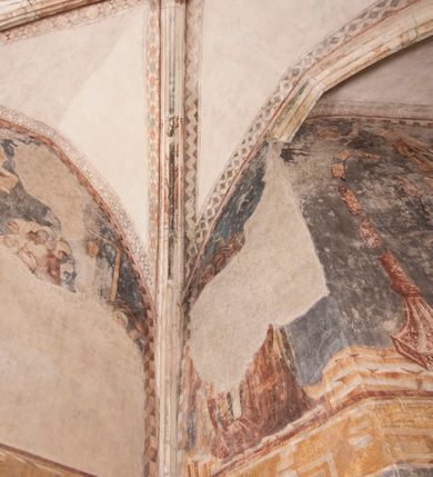 Zdjęcie nr 23: Zachowana dekoracja malarska znajduje się w tzw. starej zakrystii, określanej także jako oratorium królewskie. Dobudowano ją od północy do prezbiterium niepołomickiego kościoła. Jest to niewielka budowla na rzucie wydłużonego prostokąta, nakryta trójprzęsłowym krzyżowo-żebrowym sklepieniem, od wschodu zamknięta dwubocznie. Od zachodu w narożniku południowym widoczne jest załamanie muru, tworzącego dwie ściany wieżyczki schodowej. Do jej wnętrza prowadzi ostrołukowy portal. Oratorium oświetlają trzy ostrołukowe okna. Tylko czwarte, obecnie zamurowane, przeprute w murze północno-wschodnim pochodzi z czasów budowy kościoła. Stara zakrystia połączona jest z kościołem za pomocą ostrołukowego, profilowanego kamiennego portalu umieszczonego w środkowym przęśle ściany południowej. Na sklepieniu znajdują się rzeźbione zworniki z przedstawieniem w przęśle wschodnim głowy Chrystusa w nimbie krzyżowym, w środkowym maski liściastej, a w zachodnim motywów roślinnych. Podobnie rzeźbione motywy roślinne  pokrywają wsporniki, na które spływają żebra. 
Zachowana polichromia tworzy z architekturą starej zakrystii harmonijną całość. Białe wysklepki sklepień otoczone są wielobarwnymi, namalowanymi wzdłuż żeber, iluzjonistyczno-geometrycznymi pasami imitującymi kamienne inkrustacje w typie &quot;arte cosmatesca&quot;. Pierwotnie polichromowane były także same żebra oraz rzeźbione zworniki i wsporniki. Pionowym rytmom barwnych pasów przeciwstawiają się na ścianie wschodniej, południowej i zachodniej dwa poziome, iluzjonistyczne malowane fryzy. Górny, w odcieniach brązów jest szerszy i przypomina gzyms. Przebiega w połowie wysokości ścian, na poziomie wsporników. Poniżej znajduje się drugi, o połowę węższy, skomponowany z wielobarwnych geometrycznych rozet w rombowych polach. Fryzy wyznaczają trzy strefy dekoracji. Dolny pas uległ zniszczeniu za wyjątkiem niewielkiego fragmentu iluzjonistycznie malowanej konsolki na ścianie południowej. Dla strefy środkowej głównej tło stanowi niebieska barwa. Niestety oba te pasy obecnie są mocno uszkodzone. 
Pierwotnie pas środkowy ścian zajmowały naturalnej wielkości postacie kobiece, ujęte powyżej kolan. Z namalowanych dwunastu świętych do naszych czasów przetrwało sześć - w całości cztery (na ścianie wschodniej, południowej i zachodniej) oraz jedna bez głowy (ściana południowa) i jedna w połowie (ściana zachodnia). Są to jasno lub ciemnowłose młode kobiety, trzymające palmy męczeństwa. Ubrane są w suknie z narzuconymi płaszczami w kolorach żółtym, oliwkowym, różowym, liliowym, brązowym i błękitnym. Jedna z nich, wyobrażona ponad wejściem na klatkę schodową w wieżyczce, jest ukazana jako kobieta w podeszłym wieku z okrytą głową i dłońmi uniesionymi na wysokość piersi w geście orantki. Głowy męczennic i orantki okalają plastycznie, tłoczone w zaprawie nimby zdobione promieniami. Na niektórych głowach dziewic zachowały się ślady namalowanych brązową farbą koron o niskich sterczynach w kształcie heraldycznych lilii. 
W ścianie północno-wschodniej dwubocznego zamknięcia znajduje się obecnie zamurowane lancetowate, ostrołukowe okno z fragmentami polichromii w glifie okiennym. Pierwotnie tworzyło ją dziesięć czterolistnych obramowań wpisanych w romby, umieszczonych jeden nad drugim. Przedstawiono w nich w półpostaci aniołów z głowami otoczonymi nimbami. W dolnej części okno do  poziomu gotyckich wsporników otacza iluzjonistycznie malowana dekoracja utworzona z motywów kamiennych płyt.  
W górnej strefie oratorium wyobrażono cykl hagiograficzny, składający się z sześciu scen namalowanych w ostrołukowych polach, wyznaczonych łukami tarczowymi sklepień i ujętych w obramienia z plastycznie malowanych zębów. Ograniczający je od dołu, iluzjonistycznie malowany, jakby wystający gzyms nadaje przedstawieniom teatralną głębie. 
Na ścianie południowo-wschodniej przedstawiono bliżej niezidentyfikowaną scenę męczeństwa. Na tle ochrowo-żółtej architektury ukazano z lewej strony na pierwszym planie grupę  rycerzy, z których dwóch widocznych jest w całej postaci w średniowiecznych zbrojach stylizowanych na rzymskie, w hełmach i z ostrołukowymi tarczami trzymanymi w lewych rękach. Ich odzież ma kolor błękitny, granatowy, czerwony, fioletowy, cynobrowy. Rycerze lekko unoszą głowy w stronę półpostaci wychylającej się z okna loggi w górnej części architektury. Był to zapewne władca, dziś jego postać zachowała się tylko fragmentarycznie. Postać z okna wskazuje palcem na centralnie ukazany kocioł zawieszony pod arkadą, stanowiącą część architektury tła. Widoczna w nim jest w półpostaci jasnowłosa kobieta w białej sukni na ramiączkach z modlitewnie złożonymi rękami na piersi. Jej głowę otacza nimb. Kocioł wisi na haku za półokrągły uchwyt, pod nim pali się ognisko. Z prawej strony kotła widoczna jest fragmentarycznie zachowana postać rycerza w zbroi, który oburącz długim kijem miesza w kotle. 
Na prawo od sceny męczeństwa na ścianie południowej namalowano scenę określaną jako &quot;przed władcą&quot;. W centrum przedstawienia na tle architektury wyobrażono tron z zasiadającym na nim władcą. Jest to brodaty mężczyzna ukazany z profilu z koroną na głowie, który w prawej dłoni unosi berło skierowane w stronę przyprowadzonej do niego kobiety. Tron i architektoniczne jego obramienie malowane jest w kolorach brązu i ochry. Jego zaplecek dekoruje zawieszona pasiasta tkanina. Ciemnowłosy władca ubrany jest w turkusową szatę z narzuconym na ramiona brązowym płaszczem. Za tronem z lewej strony stoi paź o kędzierzawej fryzurze wsparty na trzymanym ostrzem w dół mieczu. Stojąca przed władcą kobieta ubrana jest w czerwoną długą suknię. Ma jasne włosy, a jej głowę okala nimb. Ręce ma skrzyżowane i związane na wysokości pasa. Obok niej stoi inna postać także w długiej szacie, z uniesioną prawą dłonią. Za świętą widoczne są inne postacie, niestety skala zniszczenia malowidła uniemożliwia ich opis i identyfikację. 
Trzecie malowidło, usytuowane nad wejściem do oratorium, ukazuje scenę dysputyt. W centrum przedstawienia pod architektonicznym zadaszeniem w formie portyku lub altany o kasetonowym stropie, wspartym na dwóch czworobocznych filarach, ukazano widoczne z profilu trzy siedzące  kobiety. Jedna z lewej strony a dwie naprzeciwko z prawej. Kobieta z lewej  ma odkryte jasne, długie włosy. Jej głowę otacza nimb. Na wysokość piersi unosi obie dłonie, sprawiając wrażenie, jakby w nich trzymała owalny przedmiot. Ubrana jest w ciemnoczerwoną długą suknię, zakrywającą nogi. Naprzeciw niej siedzą dwie inne niewiasty o długich, jasnych włosach w prostych koronach na głowach. Jedna z nich unosi swoją prawą rękę. Obie ubrane są w długie suknie w kolorze ochry. Za nimi pomiędzy filarami widoczna jest rozpięta zasłona w pionowe oliwkowe, zielone, białe i czerwone pasy. Na podłodze leży dywan dekorowany w żółte, zielone, niebieskie i czerwone pasy. 
Mocno zniszczone w dolnej części czwarte przedstawienie ilustruje scenę chłosty. Z lewej strony kompozycji wyobrażono budowlę z architektoniczną loggią, z której w półpostaci wychyla się władca. W prawej ręce poziomo trzyma berło skierowane w stronę grupy osób, za którymi wykonywana jest kara chłosty. Władca, podobnie jak w drugiej scenie, został ukazany jako mężczyzna o ciemnym zaroście i takich samych włosach. Na głowie ma koronę. Ubrany jest w brązowe szaty o różnych odcieniach. Centralnie przedstawioną stłoczoną grupę tworzy czterech żołnierzy oraz starszy mężczyzna w zawoju na głowie z siwą, długą brodą. Żołnierze mają zbroje i hełmy. Jeden z nich, najbliżej stojący z lewej przedstawiony został w profilu z głową i prawą ręką skierowaną w stronę króla. Także w stronę władcy zwrócony jest mężczyzna w zawoju na głowie z dwiema dłońmi uniesionymi na wysokość piersi. Z prawej strony kompozycji namalowano, dziś fragmentarycznie zachowany, rodzaj drewnianej szubienicy, utworzonej z poprzecznie zawieszonego na drewnianych podporach drążka. Nad dróżką do góry nogami wisi postać (dziś zniszczona), z której zachowały się jedynie stopy związane w kostkach sznurem. W jej stronę zwraca się jeden z żołnierzy ze środkowej grupy. Po prawej stronie szubienicy widoczna jest część postaci oprawcy, z której zachował się tylko fragment głowy oraz uniesiona lewa ręka z drewnianą pałką. 
Dwie ostatnie sceny umieszczono na zachodnim murze oratorium. Pierwsza z nich przedstawia strącenie bożka i została połączona z drugą ukazującą uwolnienia z więzienia. Część centralną kompozycji stanowi potrzaskana, wywracająca się kolumna, z której spada szatan w postaci żywego demona pokrytego sierścią. Strącił go widoczny w półpostaci w górnej części malowidła anioł trzymający w prawej ręce miecz. Z lewej strony kompozycji  klęczy na skalistej ziemi święta ubrana w długą ciemnoczerwoną suknię. Niestety nie zachowała się górna część jej postaci. Za nią stoi stłoczona grupa przerażonych świadków tego wydarzenia. Natomiast z prawej strony malowidła wyobrażono scenę uwolnienia z więzienia. Jej zasadniczym elementem jest architektoniczna struktura nawiązująca kształtem do wieży mieszkalnej, więzienia bądź bramy miejskiej. Święta ze związanymi rękami w ciemnoczerwonej sukni wychodzi z niej z prawej strony. W centrum budowli widoczne jest półokrągłe okno, a w nim zapewne jej popiersie o długich jasnych włosach, trzymające w dłoniach jakiś przedmiot. Wszystkie sceny cyklu w jedną całość wiąże gładkie niebieskie tło. Niezachowana kompozycja polichromii na ścianie północnej musiała odbiegać swym układem od pozostałych ścian. Płaszczyzna ścian została podzielona za pomocą węższego dolnego fryzu na dwie strefy. Górną część najprawdopodobniej zajmowały duże postacie stojące (fragment jednej z nich zachował się w sąsiedztwie okna w ścianie północno-wschodniej). Pod fryzem w części dolnej najprawdopodobniej była namalowana iluzjonistycznie wisząca kotara.   
    




