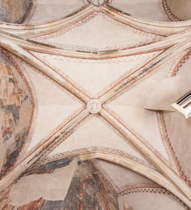 Zdjęcie nr 27: Zachowana dekoracja malarska znajduje się w tzw. starej zakrystii, określanej także jako oratorium królewskie. Dobudowano ją od północy do prezbiterium niepołomickiego kościoła. Jest to niewielka budowla na rzucie wydłużonego prostokąta, nakryta trójprzęsłowym krzyżowo-żebrowym sklepieniem, od wschodu zamknięta dwubocznie. Od zachodu w narożniku południowym widoczne jest załamanie muru, tworzącego dwie ściany wieżyczki schodowej. Do jej wnętrza prowadzi ostrołukowy portal. Oratorium oświetlają trzy ostrołukowe okna. Tylko czwarte, obecnie zamurowane, przeprute w murze północno-wschodnim pochodzi z czasów budowy kościoła. Stara zakrystia połączona jest z kościołem za pomocą ostrołukowego, profilowanego kamiennego portalu umieszczonego w środkowym przęśle ściany południowej. Na sklepieniu znajdują się rzeźbione zworniki z przedstawieniem w przęśle wschodnim głowy Chrystusa w nimbie krzyżowym, w środkowym maski liściastej, a w zachodnim motywów roślinnych. Podobnie rzeźbione motywy roślinne  pokrywają wsporniki, na które spływają żebra. 
Zachowana polichromia tworzy z architekturą starej zakrystii harmonijną całość. Białe wysklepki sklepień otoczone są wielobarwnymi, namalowanymi wzdłuż żeber, iluzjonistyczno-geometrycznymi pasami imitującymi kamienne inkrustacje w typie &quot;arte cosmatesca&quot;. Pierwotnie polichromowane były także same żebra oraz rzeźbione zworniki i wsporniki. Pionowym rytmom barwnych pasów przeciwstawiają się na ścianie wschodniej, południowej i zachodniej dwa poziome, iluzjonistyczne malowane fryzy. Górny, w odcieniach brązów jest szerszy i przypomina gzyms. Przebiega w połowie wysokości ścian, na poziomie wsporników. Poniżej znajduje się drugi, o połowę węższy, skomponowany z wielobarwnych geometrycznych rozet w rombowych polach. Fryzy wyznaczają trzy strefy dekoracji. Dolny pas uległ zniszczeniu za wyjątkiem niewielkiego fragmentu iluzjonistycznie malowanej konsolki na ścianie południowej. Dla strefy środkowej głównej tło stanowi niebieska barwa. Niestety oba te pasy obecnie są mocno uszkodzone. 
Pierwotnie pas środkowy ścian zajmowały naturalnej wielkości postacie kobiece, ujęte powyżej kolan. Z namalowanych dwunastu świętych do naszych czasów przetrwało sześć - w całości cztery (na ścianie wschodniej, południowej i zachodniej) oraz jedna bez głowy (ściana południowa) i jedna w połowie (ściana zachodnia). Są to jasno lub ciemnowłose młode kobiety, trzymające palmy męczeństwa. Ubrane są w suknie z narzuconymi płaszczami w kolorach żółtym, oliwkowym, różowym, liliowym, brązowym i błękitnym. Jedna z nich, wyobrażona ponad wejściem na klatkę schodową w wieżyczce, jest ukazana jako kobieta w podeszłym wieku z okrytą głową i dłońmi uniesionymi na wysokość piersi w geście orantki. Głowy męczennic i orantki okalają plastycznie, tłoczone w zaprawie nimby zdobione promieniami. Na niektórych głowach dziewic zachowały się ślady namalowanych brązową farbą koron o niskich sterczynach w kształcie heraldycznych lilii. 
W ścianie północno-wschodniej dwubocznego zamknięcia znajduje się obecnie zamurowane lancetowate, ostrołukowe okno z fragmentami polichromii w glifie okiennym. Pierwotnie tworzyło ją dziesięć czterolistnych obramowań wpisanych w romby, umieszczonych jeden nad drugim. Przedstawiono w nich w półpostaci aniołów z głowami otoczonymi nimbami. W dolnej części okno do  poziomu gotyckich wsporników otacza iluzjonistycznie malowana dekoracja utworzona z motywów kamiennych płyt.  
W górnej strefie oratorium wyobrażono cykl hagiograficzny, składający się z sześciu scen namalowanych w ostrołukowych polach, wyznaczonych łukami tarczowymi sklepień i ujętych w obramienia z plastycznie malowanych zębów. Ograniczający je od dołu, iluzjonistycznie malowany, jakby wystający gzyms nadaje przedstawieniom teatralną głębie. 
Na ścianie południowo-wschodniej przedstawiono bliżej niezidentyfikowaną scenę męczeństwa. Na tle ochrowo-żółtej architektury ukazano z lewej strony na pierwszym planie grupę  rycerzy, z których dwóch widocznych jest w całej postaci w średniowiecznych zbrojach stylizowanych na rzymskie, w hełmach i z ostrołukowymi tarczami trzymanymi w lewych rękach. Ich odzież ma kolor błękitny, granatowy, czerwony, fioletowy, cynobrowy. Rycerze lekko unoszą głowy w stronę półpostaci wychylającej się z okna loggi w górnej części architektury. Był to zapewne władca, dziś jego postać zachowała się tylko fragmentarycznie. Postać z okna wskazuje palcem na centralnie ukazany kocioł zawieszony pod arkadą, stanowiącą część architektury tła. Widoczna w nim jest w półpostaci jasnowłosa kobieta w białej sukni na ramiączkach z modlitewnie złożonymi rękami na piersi. Jej głowę otacza nimb. Kocioł wisi na haku za półokrągły uchwyt, pod nim pali się ognisko. Z prawej strony kotła widoczna jest fragmentarycznie zachowana postać rycerza w zbroi, który oburącz długim kijem miesza w kotle. 
Na prawo od sceny męczeństwa na ścianie południowej namalowano scenę określaną jako &quot;przed władcą&quot;. W centrum przedstawienia na tle architektury wyobrażono tron z zasiadającym na nim władcą. Jest to brodaty mężczyzna ukazany z profilu z koroną na głowie, który w prawej dłoni unosi berło skierowane w stronę przyprowadzonej do niego kobiety. Tron i architektoniczne jego obramienie malowane jest w kolorach brązu i ochry. Jego zaplecek dekoruje zawieszona pasiasta tkanina. Ciemnowłosy władca ubrany jest w turkusową szatę z narzuconym na ramiona brązowym płaszczem. Za tronem z lewej strony stoi paź o kędzierzawej fryzurze wsparty na trzymanym ostrzem w dół mieczu. Stojąca przed władcą kobieta ubrana jest w czerwoną długą suknię. Ma jasne włosy, a jej głowę okala nimb. Ręce ma skrzyżowane i związane na wysokości pasa. Obok niej stoi inna postać także w długiej szacie, z uniesioną prawą dłonią. Za świętą widoczne są inne postacie, niestety skala zniszczenia malowidła uniemożliwia ich opis i identyfikację. 
Trzecie malowidło, usytuowane nad wejściem do oratorium, ukazuje scenę dysputyt. W centrum przedstawienia pod architektonicznym zadaszeniem w formie portyku lub altany o kasetonowym stropie, wspartym na dwóch czworobocznych filarach, ukazano widoczne z profilu trzy siedzące  kobiety. Jedna z lewej strony a dwie naprzeciwko z prawej. Kobieta z lewej  ma odkryte jasne, długie włosy. Jej głowę otacza nimb. Na wysokość piersi unosi obie dłonie, sprawiając wrażenie, jakby w nich trzymała owalny przedmiot. Ubrana jest w ciemnoczerwoną długą suknię, zakrywającą nogi. Naprzeciw niej siedzą dwie inne niewiasty o długich, jasnych włosach w prostych koronach na głowach. Jedna z nich unosi swoją prawą rękę. Obie ubrane są w długie suknie w kolorze ochry. Za nimi pomiędzy filarami widoczna jest rozpięta zasłona w pionowe oliwkowe, zielone, białe i czerwone pasy. Na podłodze leży dywan dekorowany w żółte, zielone, niebieskie i czerwone pasy. 
Mocno zniszczone w dolnej części czwarte przedstawienie ilustruje scenę chłosty. Z lewej strony kompozycji wyobrażono budowlę z architektoniczną loggią, z której w półpostaci wychyla się władca. W prawej ręce poziomo trzyma berło skierowane w stronę grupy osób, za którymi wykonywana jest kara chłosty. Władca, podobnie jak w drugiej scenie, został ukazany jako mężczyzna o ciemnym zaroście i takich samych włosach. Na głowie ma koronę. Ubrany jest w brązowe szaty o różnych odcieniach. Centralnie przedstawioną stłoczoną grupę tworzy czterech żołnierzy oraz starszy mężczyzna w zawoju na głowie z siwą, długą brodą. Żołnierze mają zbroje i hełmy. Jeden z nich, najbliżej stojący z lewej przedstawiony został w profilu z głową i prawą ręką skierowaną w stronę króla. Także w stronę władcy zwrócony jest mężczyzna w zawoju na głowie z dwiema dłońmi uniesionymi na wysokość piersi. Z prawej strony kompozycji namalowano, dziś fragmentarycznie zachowany, rodzaj drewnianej szubienicy, utworzonej z poprzecznie zawieszonego na drewnianych podporach drążka. Nad dróżką do góry nogami wisi postać (dziś zniszczona), z której zachowały się jedynie stopy związane w kostkach sznurem. W jej stronę zwraca się jeden z żołnierzy ze środkowej grupy. Po prawej stronie szubienicy widoczna jest część postaci oprawcy, z której zachował się tylko fragment głowy oraz uniesiona lewa ręka z drewnianą pałką. 
Dwie ostatnie sceny umieszczono na zachodnim murze oratorium. Pierwsza z nich przedstawia strącenie bożka i została połączona z drugą ukazującą uwolnienia z więzienia. Część centralną kompozycji stanowi potrzaskana, wywracająca się kolumna, z której spada szatan w postaci żywego demona pokrytego sierścią. Strącił go widoczny w półpostaci w górnej części malowidła anioł trzymający w prawej ręce miecz. Z lewej strony kompozycji  klęczy na skalistej ziemi święta ubrana w długą ciemnoczerwoną suknię. Niestety nie zachowała się górna część jej postaci. Za nią stoi stłoczona grupa przerażonych świadków tego wydarzenia. Natomiast z prawej strony malowidła wyobrażono scenę uwolnienia z więzienia. Jej zasadniczym elementem jest architektoniczna struktura nawiązująca kształtem do wieży mieszkalnej, więzienia bądź bramy miejskiej. Święta ze związanymi rękami w ciemnoczerwonej sukni wychodzi z niej z prawej strony. W centrum budowli widoczne jest półokrągłe okno, a w nim zapewne jej popiersie o długich jasnych włosach, trzymające w dłoniach jakiś przedmiot. Wszystkie sceny cyklu w jedną całość wiąże gładkie niebieskie tło. Niezachowana kompozycja polichromii na ścianie północnej musiała odbiegać swym układem od pozostałych ścian. Płaszczyzna ścian została podzielona za pomocą węższego dolnego fryzu na dwie strefy. Górną część najprawdopodobniej zajmowały duże postacie stojące (fragment jednej z nich zachował się w sąsiedztwie okna w ścianie północno-wschodniej). Pod fryzem w części dolnej najprawdopodobniej była namalowana iluzjonistycznie wisząca kotara.   
    




