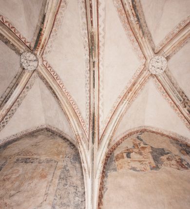 Zdjęcie nr 24: Zachowana dekoracja malarska znajduje się w tzw. starej zakrystii, określanej także jako oratorium królewskie. Dobudowano ją od północy do prezbiterium niepołomickiego kościoła. Jest to niewielka budowla na rzucie wydłużonego prostokąta, nakryta trójprzęsłowym krzyżowo-żebrowym sklepieniem, od wschodu zamknięta dwubocznie. Od zachodu w narożniku południowym widoczne jest załamanie muru, tworzącego dwie ściany wieżyczki schodowej. Do jej wnętrza prowadzi ostrołukowy portal. Oratorium oświetlają trzy ostrołukowe okna. Tylko czwarte, obecnie zamurowane, przeprute w murze północno-wschodnim pochodzi z czasów budowy kościoła. Stara zakrystia połączona jest z kościołem za pomocą ostrołukowego, profilowanego kamiennego portalu umieszczonego w środkowym przęśle ściany południowej. Na sklepieniu znajdują się rzeźbione zworniki z przedstawieniem w przęśle wschodnim głowy Chrystusa w nimbie krzyżowym, w środkowym maski liściastej, a w zachodnim motywów roślinnych. Podobnie rzeźbione motywy roślinne  pokrywają wsporniki, na które spływają żebra. 
Zachowana polichromia tworzy z architekturą starej zakrystii harmonijną całość. Białe wysklepki sklepień otoczone są wielobarwnymi, namalowanymi wzdłuż żeber, iluzjonistyczno-geometrycznymi pasami imitującymi kamienne inkrustacje w typie "arte cosmatesca". Pierwotnie polichromowane były także same żebra oraz rzeźbione zworniki i wsporniki. Pionowym rytmom barwnych pasów przeciwstawiają się na ścianie wschodniej, południowej i zachodniej dwa poziome, iluzjonistyczne malowane fryzy. Górny, w odcieniach brązów jest szerszy i przypomina gzyms. Przebiega w połowie wysokości ścian, na poziomie wsporników. Poniżej znajduje się drugi, o połowę węższy, skomponowany z wielobarwnych geometrycznych rozet w rombowych polach. Fryzy wyznaczają trzy strefy dekoracji. Dolny pas uległ zniszczeniu za wyjątkiem niewielkiego fragmentu iluzjonistycznie malowanej konsolki na ścianie południowej. Dla strefy środkowej głównej tło stanowi niebieska barwa. Niestety oba te pasy obecnie są mocno uszkodzone. 
Pierwotnie pas środkowy ścian zajmowały naturalnej wielkości postacie kobiece, ujęte powyżej kolan. Z namalowanych dwunastu świętych do naszych czasów przetrwało sześć - w całości cztery (na ścianie wschodniej, południowej i zachodniej) oraz jedna bez głowy (ściana południowa) i jedna w połowie (ściana zachodnia). Są to jasno lub ciemnowłose młode kobiety, trzymające palmy męczeństwa. Ubrane są w suknie z narzuconymi płaszczami w kolorach żółtym, oliwkowym, różowym, liliowym, brązowym i błękitnym. Jedna z nich, wyobrażona ponad wejściem na klatkę schodową w wieżyczce, jest ukazana jako kobieta w podeszłym wieku z okrytą głową i dłońmi uniesionymi na wysokość piersi w geście orantki. Głowy męczennic i orantki okalają plastycznie, tłoczone w zaprawie nimby zdobione promieniami. Na niektórych głowach dziewic zachowały się ślady namalowanych brązową farbą koron o niskich sterczynach w kształcie heraldycznych lilii. 
W ścianie północno-wschodniej dwubocznego zamknięcia znajduje się obecnie zamurowane lancetowate, ostrołukowe okno z fragmentami polichromii w glifie okiennym. Pierwotnie tworzyło ją dziesięć czterolistnych obramowań wpisanych w romby, umieszczonych jeden nad drugim. Przedstawiono w nich w półpostaci aniołów z głowami otoczonymi nimbami. W dolnej części okno do  poziomu gotyckich wsporników otacza iluzjonistycznie malowana dekoracja utworzona z motywów kamiennych płyt.  
W górnej strefie oratorium wyobrażono cykl hagiograficzny, składający się z sześciu scen namalowanych w ostrołukowych polach, wyznaczonych łukami tarczowymi sklepień i ujętych w obramienia z plastycznie malowanych zębów. Ograniczający je od dołu, iluzjonistycznie malowany, jakby wystający gzyms nadaje przedstawieniom teatralną głębie. 
Na ścianie południowo-wschodniej przedstawiono bliżej niezidentyfikowaną scenę męczeństwa. Na tle ochrowo-żółtej architektury ukazano z lewej strony na pierwszym planie grupę  rycerzy, z których dwóch widocznych jest w całej postaci w średniowiecznych zbrojach stylizowanych na rzymskie, w hełmach i z ostrołukowymi tarczami trzymanymi w lewych rękach. Ich odzież ma kolor błękitny, granatowy, czerwony, fioletowy, cynobrowy. Rycerze lekko unoszą głowy w stronę półpostaci wychylającej się z okna loggi w górnej części architektury. Był to zapewne władca, dziś jego postać zachowała się tylko fragmentarycznie. Postać z okna wskazuje palcem na centralnie ukazany kocioł zawieszony pod arkadą, stanowiącą część architektury tła. Widoczna w nim jest w półpostaci jasnowłosa kobieta w białej sukni na ramiączkach z modlitewnie złożonymi rękami na piersi. Jej głowę otacza nimb. Kocioł wisi na haku za półokrągły uchwyt, pod nim pali się ognisko. Z prawej strony kotła widoczna jest fragmentarycznie zachowana postać rycerza w zbroi, który oburącz długim kijem miesza w kotle. 
Na prawo od sceny męczeństwa na ścianie południowej namalowano scenę określaną jako "przed władcą". W centrum przedstawienia na tle architektury wyobrażono tron z zasiadającym na nim władcą. Jest to brodaty mężczyzna ukazany z profilu z koroną na głowie, który w prawej dłoni unosi berło skierowane w stronę przyprowadzonej do niego kobiety. Tron i architektoniczne jego obramienie malowane jest w kolorach brązu i ochry. Jego zaplecek dekoruje zawieszona pasiasta tkanina. Ciemnowłosy władca ubrany jest w turkusową szatę z narzuconym na ramiona brązowym płaszczem. Za tronem z lewej strony stoi paź o kędzierzawej fryzurze wsparty na trzymanym ostrzem w dół mieczu. Stojąca przed władcą kobieta ubrana jest w czerwoną długą suknię. Ma jasne włosy, a jej głowę okala nimb. Ręce ma skrzyżowane i związane na wysokości pasa. Obok niej stoi inna postać także w długiej szacie, z uniesioną prawą dłonią. Za świętą widoczne są inne postacie, niestety skala zniszczenia malowidła uniemożliwia ich opis i identyfikację. 
Trzecie malowidło, usytuowane nad wejściem do oratorium, ukazuje scenę dysputyt. W centrum przedstawienia pod architektonicznym zadaszeniem w formie portyku lub altany o kasetonowym stropie, wspartym na dwóch czworobocznych filarach, ukazano widoczne z profilu trzy siedzące  kobiety. Jedna z lewej strony a dwie naprzeciwko z prawej. Kobieta z lewej  ma odkryte jasne, długie włosy. Jej głowę otacza nimb. Na wysokość piersi unosi obie dłonie, sprawiając wrażenie, jakby w nich trzymała owalny przedmiot. Ubrana jest w ciemnoczerwoną długą suknię, zakrywającą nogi. Naprzeciw niej siedzą dwie inne niewiasty o długich, jasnych włosach w prostych koronach na głowach. Jedna z nich unosi swoją prawą rękę. Obie ubrane są w długie suknie w kolorze ochry. Za nimi pomiędzy filarami widoczna jest rozpięta zasłona w pionowe oliwkowe, zielone, białe i czerwone pasy. Na podłodze leży dywan dekorowany w żółte, zielone, niebieskie i czerwone pasy. 
Mocno zniszczone w dolnej części czwarte przedstawienie ilustruje scenę chłosty. Z lewej strony kompozycji wyobrażono budowlę z architektoniczną loggią, z której w półpostaci wychyla się władca. W prawej ręce poziomo trzyma berło skierowane w stronę grupy osób, za którymi wykonywana jest kara chłosty. Władca, podobnie jak w drugiej scenie, został ukazany jako mężczyzna o ciemnym zaroście i takich samych włosach. Na głowie ma koronę. Ubrany jest w brązowe szaty o różnych odcieniach. Centralnie przedstawioną stłoczoną grupę tworzy czterech żołnierzy oraz starszy mężczyzna w zawoju na głowie z siwą, długą brodą. Żołnierze mają zbroje i hełmy. Jeden z nich, najbliżej stojący z lewej przedstawiony został w profilu z głową i prawą ręką skierowaną w stronę króla. Także w stronę władcy zwrócony jest mężczyzna w zawoju na głowie z dwiema dłońmi uniesionymi na wysokość piersi. Z prawej strony kompozycji namalowano, dziś fragmentarycznie zachowany, rodzaj drewnianej szubienicy, utworzonej z poprzecznie zawieszonego na drewnianych podporach drążka. Nad dróżką do góry nogami wisi postać (dziś zniszczona), z której zachowały się jedynie stopy związane w kostkach sznurem. W jej stronę zwraca się jeden z żołnierzy ze środkowej grupy. Po prawej stronie szubienicy widoczna jest część postaci oprawcy, z której zachował się tylko fragment głowy oraz uniesiona lewa ręka z drewnianą pałką. 
Dwie ostatnie sceny umieszczono na zachodnim murze oratorium. Pierwsza z nich przedstawia strącenie bożka i została połączona z drugą ukazującą uwolnienia z więzienia. Część centralną kompozycji stanowi potrzaskana, wywracająca się kolumna, z której spada szatan w postaci żywego demona pokrytego sierścią. Strącił go widoczny w półpostaci w górnej części malowidła anioł trzymający w prawej ręce miecz. Z lewej strony kompozycji  klęczy na skalistej ziemi święta ubrana w długą ciemnoczerwoną suknię. Niestety nie zachowała się górna część jej postaci. Za nią stoi stłoczona grupa przerażonych świadków tego wydarzenia. Natomiast z prawej strony malowidła wyobrażono scenę uwolnienia z więzienia. Jej zasadniczym elementem jest architektoniczna struktura nawiązująca kształtem do wieży mieszkalnej, więzienia bądź bramy miejskiej. Święta ze związanymi rękami w ciemnoczerwonej sukni wychodzi z niej z prawej strony. W centrum budowli widoczne jest półokrągłe okno, a w nim zapewne jej popiersie o długich jasnych włosach, trzymające w dłoniach jakiś przedmiot. Wszystkie sceny cyklu w jedną całość wiąże gładkie niebieskie tło. Niezachowana kompozycja polichromii na ścianie północnej musiała odbiegać swym układem od pozostałych ścian. Płaszczyzna ścian została podzielona za pomocą węższego dolnego fryzu na dwie strefy. Górną część najprawdopodobniej zajmowały duże postacie stojące (fragment jednej z nich zachował się w sąsiedztwie okna w ścianie północno-wschodniej). Pod fryzem w części dolnej najprawdopodobniej była namalowana iluzjonistycznie wisząca kotara.   
    




