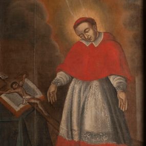 Zdjęcie nr 1: Obraz uzyskał kształt stojącego prostokąta zamkniętego łukiem pełnym. Na tle schematycznie malowanych żółtoszarych obłoków oraz promieni padajacych z prawego, górnego rogu ukazano umierającego św. Karola Boromeusza. Jeden z promieni wyraźnie oświetla Boromeusza. Święty został przedstawiony klęcząc w całej postaci, zwrócony w trzech czwartych w prawo. Ma omdlałe ramiona oraz opuszczoną głowę na piersi. Jego twarz jest owalna z dużym zakrzywionym nosem, zamkniętymi oczami i wąskimi ustami. Ubrany jest w strój kardynalski, purpurową sutannę, mucet i piuskę oraz białą komżę. U jego stóp leży kapelusz kardynalski oraz ukośnie ułożony krzyż arcybiskupi. Po prawej stronie ukazano stół nakryty tkaniną w kolorze ciemnozgniłej zieleni. Na nim leży otwarta księga na środku której widnieje drewniany krucyfiks.  
Ponad obrazem na łuku archiwolty widnieje czerwony napis łaciński: Beati mortui qui in Domino meriantur [powinno być - moriuntur] Apocal[ypssis]. Cap[ut]: 14 vers[us].13. Na dolnej krawędzi arkady umieszczono czerwony napis polski: Klęczące prawie życie, świętego Karola / więc klęczący umiera łaska Boska woła.