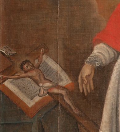 Zdjęcie nr 4: Obraz uzyskał kształt stojącego prostokąta zamkniętego łukiem pełnym. Na tle schematycznie malowanych żółtoszarych obłoków oraz promieni padajacych z prawego, górnego rogu ukazano umierającego św. Karola Boromeusza. Jeden z promieni wyraźnie oświetla Boromeusza. Święty został przedstawiony klęcząc w całej postaci, zwrócony w trzech czwartych w prawo. Ma omdlałe ramiona oraz opuszczoną głowę na piersi. Jego twarz jest owalna z dużym zakrzywionym nosem, zamkniętymi oczami i wąskimi ustami. Ubrany jest w strój kardynalski, purpurową sutannę, mucet i piuskę oraz białą komżę. U jego stóp leży kapelusz kardynalski oraz ukośnie ułożony krzyż arcybiskupi. Po prawej stronie ukazano stół nakryty tkaniną w kolorze ciemnozgniłej zieleni. Na nim leży otwarta księga na środku której widnieje drewniany krucyfiks.  
Ponad obrazem na łuku archiwolty widnieje czerwony napis łaciński: Beati mortui qui in Domino meriantur [powinno być - moriuntur] Apocal[ypssis]. Cap[ut]: 14 vers[us].13. Na dolnej krawędzi arkady umieszczono czerwony napis polski: Klęczące prawie życie, świętego Karola / więc klęczący umiera łaska Boska woła.