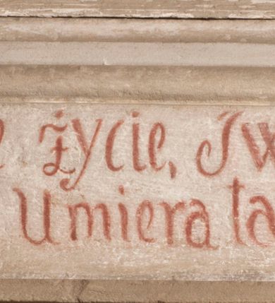 Zdjęcie nr 2: Obraz uzyskał kształt stojącego prostokąta zamkniętego łukiem pełnym. Na tle schematycznie malowanych żółtoszarych obłoków oraz promieni padajacych z prawego, górnego rogu ukazano umierającego św. Karola Boromeusza. Jeden z promieni wyraźnie oświetla Boromeusza. Święty został przedstawiony klęcząc w całej postaci, zwrócony w trzech czwartych w prawo. Ma omdlałe ramiona oraz opuszczoną głowę na piersi. Jego twarz jest owalna z dużym zakrzywionym nosem, zamkniętymi oczami i wąskimi ustami. Ubrany jest w strój kardynalski, purpurową sutannę, mucet i piuskę oraz białą komżę. U jego stóp leży kapelusz kardynalski oraz ukośnie ułożony krzyż arcybiskupi. Po prawej stronie ukazano stół nakryty tkaniną w kolorze ciemnozgniłej zieleni. Na nim leży otwarta księga na środku której widnieje drewniany krucyfiks.  
Ponad obrazem na łuku archiwolty widnieje czerwony napis łaciński: Beati mortui qui in Domino meriantur [powinno być - moriuntur] Apocal[ypssis]. Cap[ut]: 14 vers[us].13. Na dolnej krawędzi arkady umieszczono czerwony napis polski: Klęczące prawie życie, świętego Karola / więc klęczący umiera łaska Boska woła.