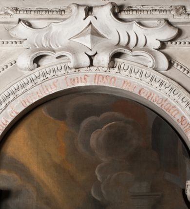 Zdjęcie nr 4: Obraz uzyskał kształt stojącego prostokąta zamkniętego półkoliście. W komnacie przed wizerunkiem Chrystusa Ukrzyżowanego klęczy w całej postaci biczujący się św. Karol Boromeusz. Za nim widoczna jest kolumna oraz fragment arkady oraz w głębi półkolisty otwór. Święty klęczy zwrócony w trzech czwartych w prawo. W lewej ręce trzyma dyscyplinę, a prawą unosi na wysokość piersi. Jego twarz charakteryzuje smutny wyraz oraz charakterystycznie wydatny nos. Ma półprzymknięte oczy i czerwone usta. Na głowie widoczna jest tonsura wycięta spośród krótkich, nieznacznie kręconych ciemnobrązowych włosów. Boromeusz ma na sobie strój kardynalski, który rozpięty obnaża jego lewe ramie. U jego stóp leży kapelusz kardynalski. Po prawej stronie ukazany został stół przekryty szarogrynszpanową tkaniną, na którym stoi drewniany krucyfiks z naturalistycznie wyobrażonym Ukrzyżowanym Chrystusem. Przed cokołem krucyfiksu leży czaszką. W prawym, górnym rogu obrazu widoczne są na tle białoszarych obłoków złote promienie padające na Świętego.
Ponad obrazem na archiwolcie arkady widnieje czerwony napis łaciński: Virga tua et baculus tuus ipsa me consolata sunt Psalm 22 [4]. Poniżej obrazu na dolnej krawędzi arkady znajduje się czerwony napis polski: Karze częstokroć Karol swe niewinne ciało / by tak ćwiczone prędzey niebu się dostało. 