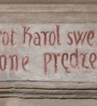 Zdjęcie nr 6: Obraz uzyskał kształt stojącego prostokąta zamkniętego półkoliście. W komnacie przed wizerunkiem Chrystusa Ukrzyżowanego klęczy w całej postaci biczujący się św. Karol Boromeusz. Za nim widoczna jest kolumna oraz fragment arkady oraz w głębi półkolisty otwór. Święty klęczy zwrócony w trzech czwartych w prawo. W lewej ręce trzyma dyscyplinę, a prawą unosi na wysokość piersi. Jego twarz charakteryzuje smutny wyraz oraz charakterystycznie wydatny nos. Ma półprzymknięte oczy i czerwone usta. Na głowie widoczna jest tonsura wycięta spośród krótkich, nieznacznie kręconych ciemnobrązowych włosów. Boromeusz ma na sobie strój kardynalski, który rozpięty obnaża jego lewe ramie. U jego stóp leży kapelusz kardynalski. Po prawej stronie ukazany został stół przekryty szarogrynszpanową tkaniną, na którym stoi drewniany krucyfiks z naturalistycznie wyobrażonym Ukrzyżowanym Chrystusem. Przed cokołem krucyfiksu leży czaszką. W prawym, górnym rogu obrazu widoczne są na tle białoszarych obłoków złote promienie padające na Świętego.
Ponad obrazem na archiwolcie arkady widnieje czerwony napis łaciński: Virga tua et baculus tuus ipsa me consolata sunt Psalm 22 [4]. Poniżej obrazu na dolnej krawędzi arkady znajduje się czerwony napis polski: Karze częstokroć Karol swe niewinne ciało / by tak ćwiczone prędzey niebu się dostało. 