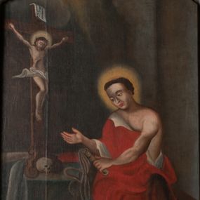 Zdjęcie nr 1: Obraz uzyskał kształt stojącego prostokąta zamkniętego półkoliście. W komnacie przed wizerunkiem Chrystusa Ukrzyżowanego klęczy w całej postaci biczujący się św. Karol Boromeusz. Za nim widoczna jest kolumna oraz fragment arkady oraz w głębi półkolisty otwór. Święty klęczy zwrócony w trzech czwartych w prawo. W lewej ręce trzyma dyscyplinę, a prawą unosi na wysokość piersi. Jego twarz charakteryzuje smutny wyraz oraz charakterystycznie wydatny nos. Ma półprzymknięte oczy i czerwone usta. Na głowie widoczna jest tonsura wycięta spośród krótkich, nieznacznie kręconych ciemnobrązowych włosów. Boromeusz ma na sobie strój kardynalski, który rozpięty obnaża jego lewe ramie. U jego stóp leży kapelusz kardynalski. Po prawej stronie ukazany został stół przekryty szarogrynszpanową tkaniną, na którym stoi drewniany krucyfiks z naturalistycznie wyobrażonym Ukrzyżowanym Chrystusem. Przed cokołem krucyfiksu leży czaszką. W prawym, górnym rogu obrazu widoczne są na tle białoszarych obłoków złote promienie padające na Świętego.
Ponad obrazem na archiwolcie arkady widnieje czerwony napis łaciński: Virga tua et baculus tuus ipsa me consolata sunt Psalm 22 [4]. Poniżej obrazu na dolnej krawędzi arkady znajduje się czerwony napis polski: Karze częstokroć Karol swe niewinne ciało / by tak ćwiczone prędzey niebu się dostało. 