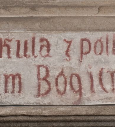 Zdjęcie nr 3: Obraz ma kształt stojącego prostokąta zamkniętego łukiem pełnym. Na tle pagórkowatego pejzażu z pochmurnym niebem oraz widocznymi w prawym górnym rogu złotymi promieniami, ukazano modlącego się św. Karola Boromeusza. Święty został przedstawiony z nieznacznie zgiętymi kolanami. Zwrócony jest w trzech czwartych w prawo, z głową ukazaną z profilu, lekko uniesioną wzwyż. Ręce ma złożone do modlitwy na wysokości piersi. Jego twarz zdradza rysy mężczyzny w średnim wieku z dużym, zakrzywionym nosem, lekko uśmiechniętymi ustami i wpatrzonymi wzwyż oczami. Twarz jest okolona krótkimi, brązowymi włosami. Boromeusz ubrany jest w strój kardynalski – purpurową sutannę, mucet, piuskę oraz białą komżę. W prawym, dolnym rogu obrazu u stóp świętego leży metropolitalny krzyż, zamknięta księga i kapelusz kardynalski. Powyżej, na drugim planie widoczny jest mężczyzna odpalający lont w strzelającej armacie wymierzonej w stronę modlącego się świętego. Dodatkowo zaznaczono trajektorię lotu odbitej kuli, widocznej obok głowy strzelającego. Zamachowiec ukazany jest w półpostaci, z odkrytą głową o brązowych włosach i twarzą ukazaną w profilu. Ubrany jest w ciemny mundur. Na stiukowej archiwolcie arkady umieszczono łaciński napis: „Non tanget illos tormentum mortis Sap[ientiae]: cap[ut]: 3 vers[us]: 1”. Napis po polsku umieszczono na dolnej krawędzi arkady: „Od Karola się kula z półhaku odbija / Wszak krzykiem Bóg i cnotą złość go łudzi”.