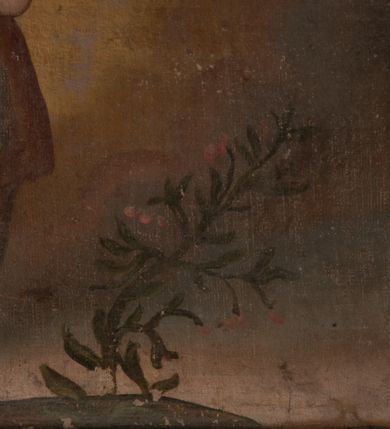 Zdjęcie nr 12: Obraz wykonano w kształcie stojącego prostokąta, zamkniętego łukiem pełnym. Na pierwszym planie wyobrażono spieszącego z kapłańską posługą na rzecz chorych na dżumę św. Karola Boromeusza. Święty zwrócony jest w trzech czwartych w prawo, został przedstawiony z twarzą ukazaną z profilu. Prawą rękę unosi na wysokość piersi w geście błogosławieństwa, w lewej trzyma drewniany krucyfiks. Ma twarz o lekko zniekształconych rysach bez zarostu z wydatnym, okrągłym czołem, dużym zakrzywionym nosem, jasnoczerwonymi ustami oraz półprzymkniętymi oczami, okoloną krótkimi, brązowymi włosami. Głowę otacza świetlisty nimb. Święty ubrany jest w purpurową sutannę, mucet, piuskę, białą komżę oraz złotą stułę przewieszoną przez ramiona. Za nim, po lewej stronie, przedstawiono towarzyszącego mu młodego księdza w czarnej sutannie i białej komży. Duchowny w prawej ręce trzyma kropidło, a w lewej kociołek z wodą święconą. Ma twarz o beżowo-szarej karnacji z szerokim nosem, ciemnymi oczami i jasnoczerwonymi ustami. Jego brązowe włosy opadające puklami na ramiona zaczesane są za uszy. Po prawej stronie ukazano trzech leżących mężczyzn zarażonych dżumą, do których zwraca się święty. Mężczyzna przedstawiony najbliżej św. Karola leży z lekko ugiętymi w kolanach nogami i ze skrzyżowanymi rękami na piersi. Ma twarz o zniekształconych rysach, z ciemnobeżowo-brązową karnacją, półprzymkniętymi oczami, lekko zakrzywionym nosem, brązowymi ustami, okoloną krótkimi brązowymi włosami. Ubrany jest w bladoniebieską koszulę z rękawami sięgającymi jego łokci i jasne spodnie odsłaniające kolana. Oparty jest o tylko częściowo widoczne za nim dwie leżące postacie, być może już zmarłe, w podobnych koszulach z zamkniętymi oczami. Na drugim planie widać cztery rozrzucone ciała leżące na niskich pagórkach z dwoma drewnianymi dachami. Z lewej strony dwie postacie niosą ciało na noszach. Tłem dla całej kompozycji jest pejzaż z rozłożystym drzewem, rosnącymi w oddali w rzędzie cyprysami i zaroślami, domami po prawej oraz kościołem na planie centralnym z kopułą i latarnią po lewej. Ponad obrazem na archiwolcie stiukowej arkady widnieje czerwony napis: „Infirmos curate Mat[theus]: Ca[put] 10 vers[us]: 8”. Natomiast podobny napis w języku polskim znajduje się na dolnej krawędzi niszy: „Zarażonym powietrzem. Karol usługuje / Że się nie boi śmierci Męstwo pokazuje”.