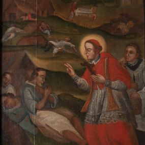 Zdjęcie nr 1: Obraz wykonano w kształcie stojącego prostokąta, zamkniętego łukiem pełnym. Na pierwszym planie wyobrażono spieszącego z kapłańską posługą na rzecz chorych na dżumę św. Karola Boromeusza. Święty zwrócony jest w trzech czwartych w prawo, został przedstawiony z twarzą ukazaną z profilu. Prawą rękę unosi na wysokość piersi w geście błogosławieństwa, w lewej trzyma drewniany krucyfiks. Ma twarz o lekko zniekształconych rysach bez zarostu z wydatnym, okrągłym czołem, dużym zakrzywionym nosem, jasnoczerwonymi ustami oraz półprzymkniętymi oczami, okoloną krótkimi, brązowymi włosami. Głowę otacza świetlisty nimb. Święty ubrany jest w purpurową sutannę, mucet, piuskę, białą komżę oraz złotą stułę przewieszoną przez ramiona. Za nim, po lewej stronie, przedstawiono towarzyszącego mu młodego księdza w czarnej sutannie i białej komży. Duchowny w prawej ręce trzyma kropidło, a w lewej kociołek z wodą święconą. Ma twarz o beżowo-szarej karnacji z szerokim nosem, ciemnymi oczami i jasnoczerwonymi ustami. Jego brązowe włosy opadające puklami na ramiona zaczesane są za uszy. Po prawej stronie ukazano trzech leżących mężczyzn zarażonych dżumą, do których zwraca się święty. Mężczyzna przedstawiony najbliżej św. Karola leży z lekko ugiętymi w kolanach nogami i ze skrzyżowanymi rękami na piersi. Ma twarz o zniekształconych rysach, z ciemnobeżowo-brązową karnacją, półprzymkniętymi oczami, lekko zakrzywionym nosem, brązowymi ustami, okoloną krótkimi brązowymi włosami. Ubrany jest w bladoniebieską koszulę z rękawami sięgającymi jego łokci i jasne spodnie odsłaniające kolana. Oparty jest o tylko częściowo widoczne za nim dwie leżące postacie, być może już zmarłe, w podobnych koszulach z zamkniętymi oczami. Na drugim planie widać cztery rozrzucone ciała leżące na niskich pagórkach z dwoma drewnianymi dachami. Z lewej strony dwie postacie niosą ciało na noszach. Tłem dla całej kompozycji jest pejzaż z rozłożystym drzewem, rosnącymi w oddali w rzędzie cyprysami i zaroślami, domami po prawej oraz kościołem na planie centralnym z kopułą i latarnią po lewej. Ponad obrazem na archiwolcie stiukowej arkady widnieje czerwony napis: „Infirmos curate Mat[theus]: Ca[put] 10 vers[us]: 8”. Natomiast podobny napis w języku polskim znajduje się na dolnej krawędzi niszy: „Zarażonym powietrzem. Karol usługuje / Że się nie boi śmierci Męstwo pokazuje”.