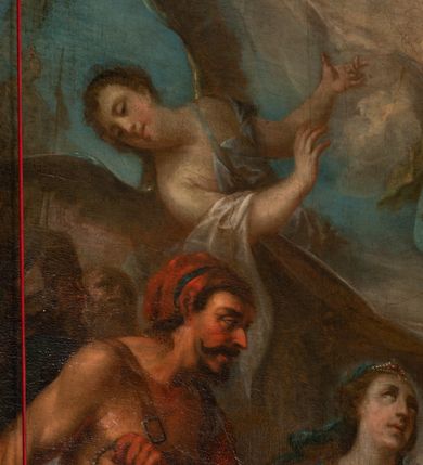 Zdjęcie nr 15: Nastawa ołtarzowa architektoniczna, jednokondygnacyjna ze zwieńczeniem, pięcioosiowa, ustawiona na wysokim cokole. Ołtarz wolnostojący, drewniany, sarkofagowy, wklęsło-wypukły, o zdwojonym froncie; mensa drewniana z marmurowym portatylem. Od frontu rocaille'owy kartusz ujęty fantazyjnymi płycinami oraz liśćmi. Na ołtarzu tabernakulum w formie sześcianu o wklęsłych bokach i wklęsło-wypukłym froncie; ujęte w narożach dwiema parami pilastrów o trzonach przechodzących w spływy wolutowe zdobione rocaille'm i różami. Pilastry podtrzymują falujący gzyms oraz fragmenty falistego, przerwanego, odwróconego przyczółka, przechodzącego w cokół, stanowiący tron wystawienia, na którym stoi krucyfiks. Na ściance frontowej obrotowa nisza, o wykroju stojącego prostokąta zamkniętego łukiem półkolistym, w opasce, zwieńczona kampanulami. W jej polu drzwiczki w formie stojącego prostokąta zamkniętego łukiem półkolistym w profilowanej ramie, z odlewanym przedstawieniem baranka leżącego na księdze z pieczęciami. Tabernakulum ujęte spływami przechodzącymi na krańcach we fragmenty wolutowego gzymsu, na których siedzą figury adorujących aniołów. Ponad tabernakulum fantazyjna ścianka tworząca tło dla tronu wystawienia z prześwitem otoczonym obłokami, z glorią promienistą, flankowana rocaille'owymi uszami. Cokół nastawy z wyodrębnionymi dwoma prostopadłościanami i dwoma konsolami, na dwóch skrajnych osiach bramki zamknięte wolutowymi szczytami tworzącymi cokoły dla figur, z przejściami w formie stojącego prostokąta zamkniętego łukiem odcinkowym nadwieszonym, z drzwiczkami. Cokół i drzwiczki dekorowane rocaille'm. Lico nastawy wklęsłe, osie wydzielone trzema parami pilastrów, na których tle stoją dwie pary kolumn o kapitelach kompozytowych. Podpory dźwigają pełne belkowanie, wyłamane na ich osi, przerwane nad polem środkowym, o gzymsie przechodzącym miejscami w rocaille'owe kartusze. Na osi środkowej wnęka z obrazem Matki Boskiej Wspomożenia Wiernych, w formie stojącego prostokąta zamkniętego łukiem odcinkowym nadwieszonym z uskokiem, ujęta profilowaną ramą, dekorowaną ponad łukiem płomienistym rocaille'm. Na pozostałych czterech osiach figury św. Barbary, św. Apolonii, św. Piotra i św. Pawła ustawione na rokokowych wspornikach. Trzony pilastrów i pola osi bocznych wypełnione rocaille'm, fryz dekorowany zwisami kwiatowymi. Zwieńczenie w formie zbliżonej do trapezu, zamknięte dwoma fragmentami gzymsu przechodzącego w woluty, flankowane wolutami spływającymi na belkowanie wewnętrznej pary kolumn, na których siedzą adorujące figury aniołów. W polu rzeźbiarska grupa Trójcy Świętej, pośród obłoków, w glorii promienistej, zwieńczona gołębicą Ducha Świętego w otoku z obłoków i uskrzydlonych główek anielskich, w glorii promienistej, flankowana przez dwa putta siedzące na gzymsie. Zwieńczenie po bokach obwiedzione rocaille'm, ujęte liśćmi palmowymi. Na belkowaniu, na osiach zewnętrznej pary kolumn wolutowe cokoły z rokokowymi wazonami. Struktura polichromowana na sposób imitujący marmoryzację w kolorze różowym i różowo-pomarańczowym, kolumny, profile i ornamentyka złocone, obłoki srebrzone. 

