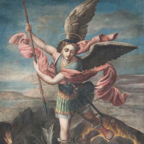 Zdjęcie nr 1: Obraz w kształcie stojącego prostokąta w prostej, profilowanej ramie. W centrum kompozycji znajduje się św. Michał Archanioł w dynamicznej pozie, strącający szatana do piekła. Archanioł ukazany w skręcie, z lewą nogą cofniętą, prawą depczący szatana, z podniesionymi do góry rękami, w których trzyma włócznię skierowaną ostrzem w stronę potwora. Twarz archanioła owalna, z długim i prostym nosem, wzrokiem śledzącym walkę. Włosy średniej długości, falowane, rozwiane do tyłu, z granatową wstążką u góry. Archanioł ubrany jest w zbroję legionisty rzymskiego: ma zieloną tunikę, obszytą złotą lamówką na brzegu, niebieski pancerz, miecz u boku. Przepasany jest czerwoną szarfą rozwianą na wietrze, natomiast u pleców ma jasne skrzydła z ptasich piór, a nad głową złoty nimb. Dół kompozycji zajmuje skalista, ciemna przestrzeń, w której leży nagi szatan ukazany jako mężczyzna z brodą i wąsami, ze skrzydłami o ostro zakończonych brzegach, ogonem i bronią w prawej dłoni. W górnej części obrazu pejzaż oraz pochmurne niebo. 