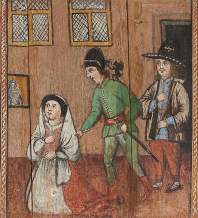 Zdjęcie nr 6: Prospekt organowy podwieszony przy północnej ścianie nawy, oparty na czterech filarach, dostępny z parapetu chóru. Balustrada drewniana z malowaną dekoracją; u spodu pas z ornamentem roślinnym; od frontu podzielona na trzynaście jednofiguralnych przedstawień w ramach, w formie wydłużonych, stojących prostokątów z przedstawieniami aniołów grających na instrumentach. Z boku na balustradzie dwie sceny w formie leżącego prostokąta ze św. Dawidem grającym na lirze i św. Cecylią grająca na organach, oddzielone pasem z dekoracją roślinną. 
Prospekt organowy architektoniczny, pięcioosiowy o bogatej dekoracji snycerskiej. Organy umieszczone na podstawie w kształcie leżącego prostokąta, dekorowanej dwiema płycinami z uszakami w narożach, z malowanymi przedstawieniami grających na instrumentach aniołów oraz z rzeźbionymi uskrzydlonymi główkami anielskimi w glorii pośrodku. Pod cokołem podwieszona dekoracja malarsko-rzeźbiarska nałożona na balustradę chóru. W centrum kompozycji malarskie przedstawienie trzech aniołów (jeden czyta księgę, a dwaj grają na instrumentach) w wieńcu laurowym. Poniżej, rzeźbiona uskrzydlona główka anielska, a całość ujęta ornamentem małżowinowo-chrząstkowym i zakończona u dołu szyszką. Prostokątna podstawa wspiera niski cokół, na którym ustawiona jest trójwieżyczkowa część główna. Środkowa, wyższa wieżyczka jest o przekroju półkolistym, a boczne kątowe o przekroju trójkątnym. Wieżyczki rozdzielają niższe prostokątne płyciny wypełnione piszczałkami. Pod wieżyczkami bocznymi podwieszone są złocone szyszki. Ażurowa dekoracja rzeźbiarska małżowino-chrząstkowa zdobi uszy organu, jest również umieszczona nad płycinami rozdzielającymi wieżyczki. Zwieńczenie tworzą na osiach bocznych strome szczyty, a pośrodku dwugłowy orzeł, na piersi którego w kartuszu w kształcie serca widnieją sygle „A[LBERTUS] B[INKOWICZ] / P[LEBANUS] O[RAVIENSIS]”. Piszczałki przysłaniają od góry ażurowe, rzeźbione firanki o motywie małżowinowo-chrząstkowym, a u dołu wąski pas dekoracji ornamentalnej z motywem silnie przestylizowanych lilii. Organy polichromowane na czarno, profilowania w kolorze czerwonym, zielonym i pomarańczowym, ornamentyka złocona i srebrzona. 



