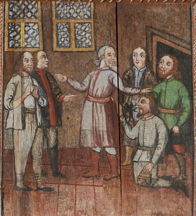 Zdjęcie nr 9: Prospekt organowy podwieszony przy północnej ścianie nawy, oparty na czterech filarach, dostępny z parapetu chóru. Balustrada drewniana z malowaną dekoracją; u spodu pas z ornamentem roślinnym; od frontu podzielona na trzynaście jednofiguralnych przedstawień w ramach, w formie wydłużonych, stojących prostokątów z przedstawieniami aniołów grających na instrumentach. Z boku na balustradzie dwie sceny w formie leżącego prostokąta ze św. Dawidem grającym na lirze i św. Cecylią grająca na organach, oddzielone pasem z dekoracją roślinną. 
Prospekt organowy architektoniczny, pięcioosiowy o bogatej dekoracji snycerskiej. Organy umieszczone na podstawie w kształcie leżącego prostokąta, dekorowanej dwiema płycinami z uszakami w narożach, z malowanymi przedstawieniami grających na instrumentach aniołów oraz z rzeźbionymi uskrzydlonymi główkami anielskimi w glorii pośrodku. Pod cokołem podwieszona dekoracja malarsko-rzeźbiarska nałożona na balustradę chóru. W centrum kompozycji malarskie przedstawienie trzech aniołów (jeden czyta księgę, a dwaj grają na instrumentach) w wieńcu laurowym. Poniżej, rzeźbiona uskrzydlona główka anielska, a całość ujęta ornamentem małżowinowo-chrząstkowym i zakończona u dołu szyszką. Prostokątna podstawa wspiera niski cokół, na którym ustawiona jest trójwieżyczkowa część główna. Środkowa, wyższa wieżyczka jest o przekroju półkolistym, a boczne kątowe o przekroju trójkątnym. Wieżyczki rozdzielają niższe prostokątne płyciny wypełnione piszczałkami. Pod wieżyczkami bocznymi podwieszone są złocone szyszki. Ażurowa dekoracja rzeźbiarska małżowino-chrząstkowa zdobi uszy organu, jest również umieszczona nad płycinami rozdzielającymi wieżyczki. Zwieńczenie tworzą na osiach bocznych strome szczyty, a pośrodku dwugłowy orzeł, na piersi którego w kartuszu w kształcie serca widnieją sygle „A[LBERTUS] B[INKOWICZ] / P[LEBANUS] O[RAVIENSIS]”. Piszczałki przysłaniają od góry ażurowe, rzeźbione firanki o motywie małżowinowo-chrząstkowym, a u dołu wąski pas dekoracji ornamentalnej z motywem silnie przestylizowanych lilii. Organy polichromowane na czarno, profilowania w kolorze czerwonym, zielonym i pomarańczowym, ornamentyka złocona i srebrzona. 



