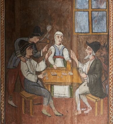 Zdjęcie nr 29: Prospekt organowy podwieszony przy północnej ścianie nawy, oparty na czterech filarach, dostępny z parapetu chóru. Balustrada drewniana z malowaną dekoracją; u spodu pas z ornamentem roślinnym; od frontu podzielona na trzynaście jednofiguralnych przedstawień w ramach, w formie wydłużonych, stojących prostokątów z przedstawieniami aniołów grających na instrumentach. Z boku na balustradzie dwie sceny w formie leżącego prostokąta ze św. Dawidem grającym na lirze i św. Cecylią grająca na organach, oddzielone pasem z dekoracją roślinną. 
Prospekt organowy architektoniczny, pięcioosiowy o bogatej dekoracji snycerskiej. Organy umieszczone na podstawie w kształcie leżącego prostokąta, dekorowanej dwiema płycinami z uszakami w narożach, z malowanymi przedstawieniami grających na instrumentach aniołów oraz z rzeźbionymi uskrzydlonymi główkami anielskimi w glorii pośrodku. Pod cokołem podwieszona dekoracja malarsko-rzeźbiarska nałożona na balustradę chóru. W centrum kompozycji malarskie przedstawienie trzech aniołów (jeden czyta księgę, a dwaj grają na instrumentach) w wieńcu laurowym. Poniżej, rzeźbiona uskrzydlona główka anielska, a całość ujęta ornamentem małżowinowo-chrząstkowym i zakończona u dołu szyszką. Prostokątna podstawa wspiera niski cokół, na którym ustawiona jest trójwieżyczkowa część główna. Środkowa, wyższa wieżyczka jest o przekroju półkolistym, a boczne kątowe o przekroju trójkątnym. Wieżyczki rozdzielają niższe prostokątne płyciny wypełnione piszczałkami. Pod wieżyczkami bocznymi podwieszone są złocone szyszki. Ażurowa dekoracja rzeźbiarska małżowino-chrząstkowa zdobi uszy organu, jest również umieszczona nad płycinami rozdzielającymi wieżyczki. Zwieńczenie tworzą na osiach bocznych strome szczyty, a pośrodku dwugłowy orzeł, na piersi którego w kartuszu w kształcie serca widnieją sygle „A[LBERTUS] B[INKOWICZ] / P[LEBANUS] O[RAVIENSIS]”. Piszczałki przysłaniają od góry ażurowe, rzeźbione firanki o motywie małżowinowo-chrząstkowym, a u dołu wąski pas dekoracji ornamentalnej z motywem silnie przestylizowanych lilii. Organy polichromowane na czarno, profilowania w kolorze czerwonym, zielonym i pomarańczowym, ornamentyka złocona i srebrzona. 



